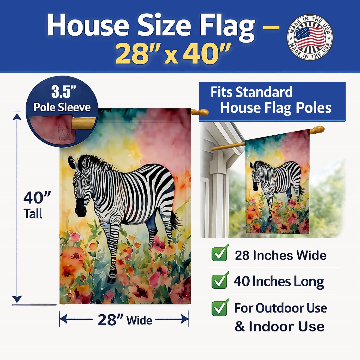 Zebra House Flag 28x40 Porch Sleeve Pole Decorative Outside Yard Banner Artwork Wall Hanging, Polyester