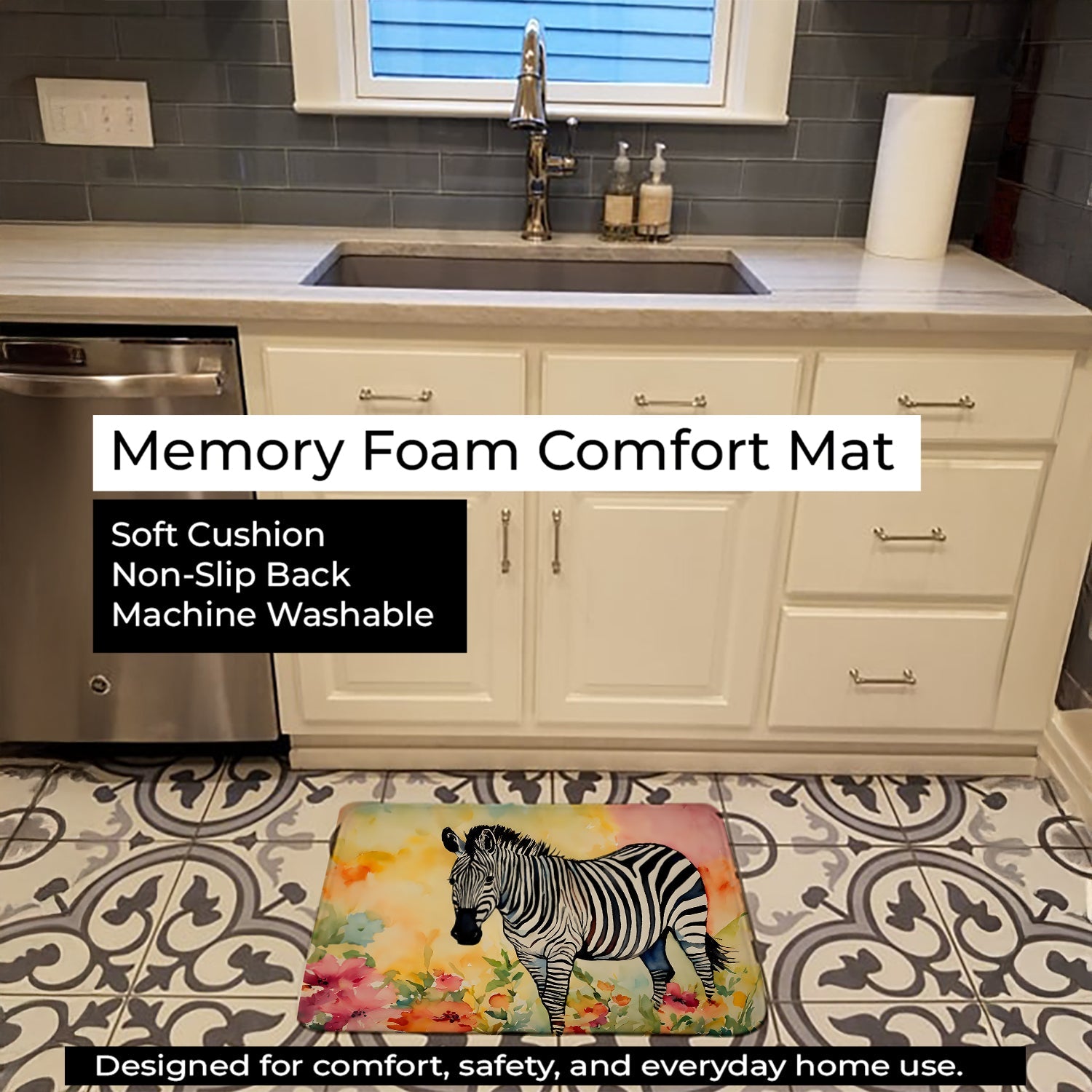 Zebra Memory Foam Kitchen Mat Machine Washable Anti-Fatigue Cushion Comfort Bath or Kitchen Rug