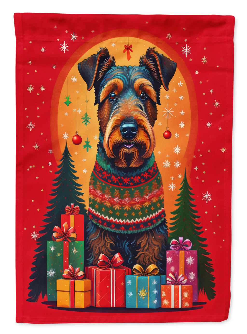 Airedale Terrier Holiday Christmas House Flag 28x40 Porch Sleeve Pole Decorative Outside Yard Banner Artwork Wall Hanging, Polyester