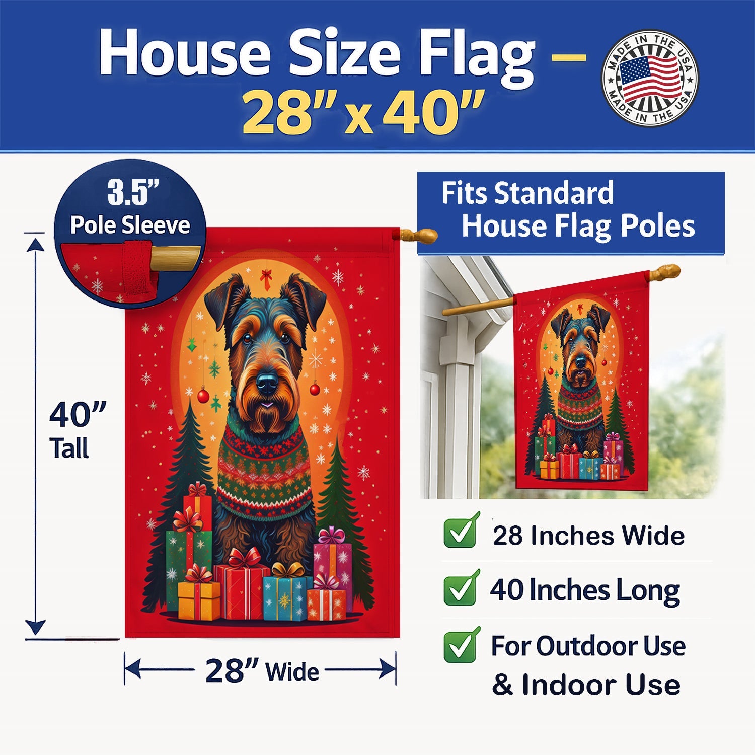 Airedale Terrier Holiday Christmas House Flag 28x40 Porch Sleeve Pole Decorative Outside Yard Banner Artwork Wall Hanging, Polyester