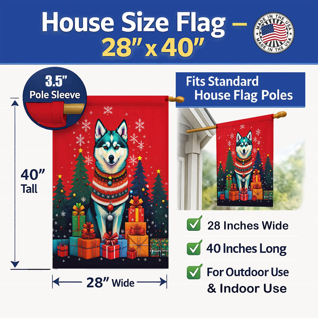 Alaskan Klee Kai Holiday Christmas House Flag 28x40 Porch Sleeve Pole Decorative Outside Yard Banner Artwork Wall Hanging, Polyester