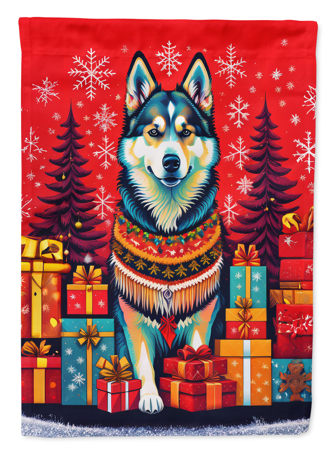 Alaskan Malamute Holiday Christmas House Flag 28x40 Porch Sleeve Pole Decorative Outside Yard Banner Artwork Wall Hanging, Polyester
