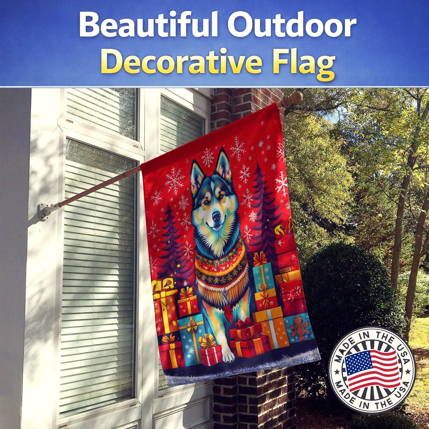 Alaskan Malamute Holiday Christmas House Flag 28x40 Porch Sleeve Pole Decorative Outside Yard Banner Artwork Wall Hanging, Polyester