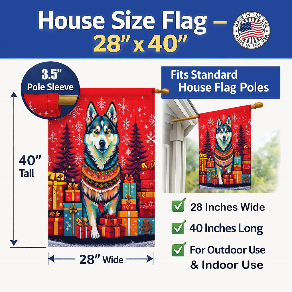 Alaskan Malamute Holiday Christmas House Flag 28x40 Porch Sleeve Pole Decorative Outside Yard Banner Artwork Wall Hanging, Polyester