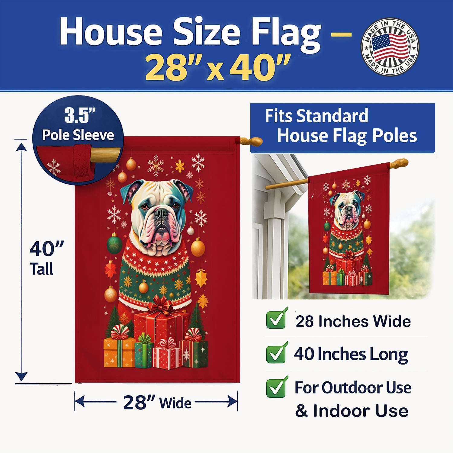 American Bulldog Holiday Christmas House Flag 28x40 Porch Sleeve Pole Decorative Outside Yard Banner Artwork Wall Hanging, Polyester
