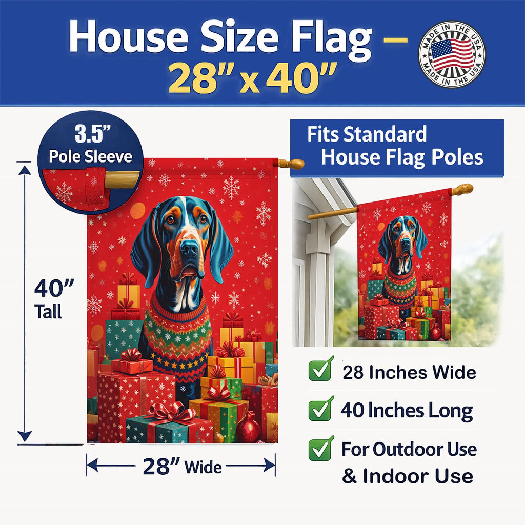 American English Coonhound Holiday Christmas House Flag 28x40 Porch Sleeve Pole Decorative Outside Yard Banner Artwork Wall Hanging, Polyester
