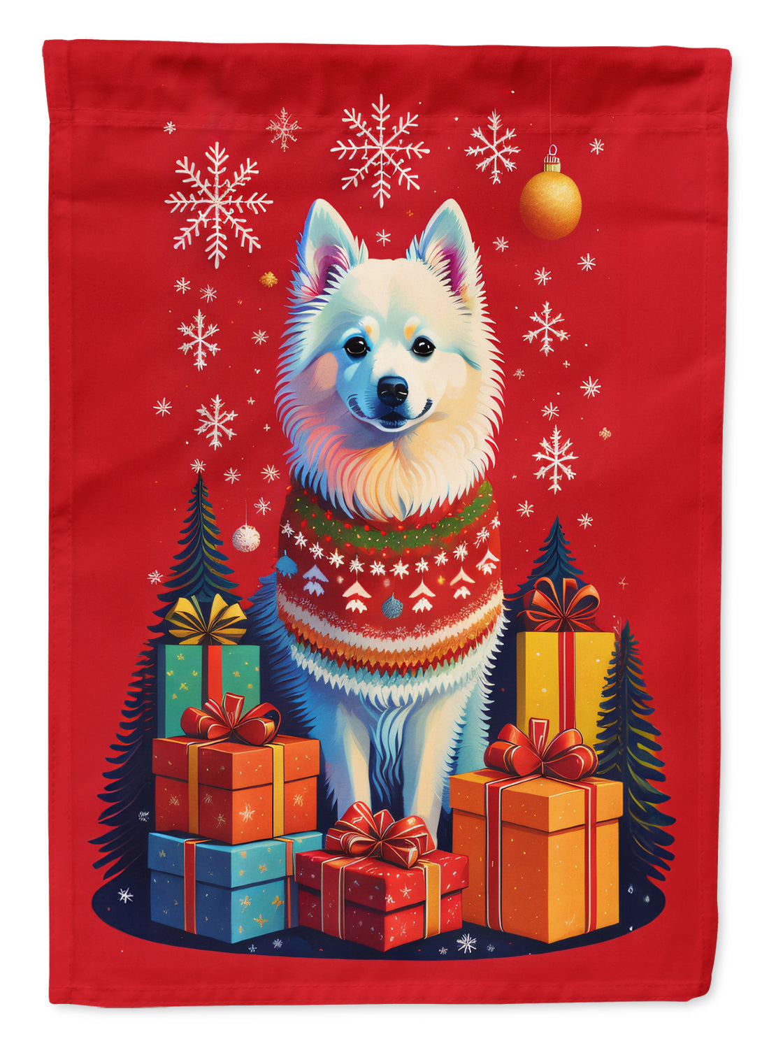 American Eskimo Holiday Christmas House Flag 28x40 Porch Sleeve Pole Decorative Outside Yard Banner Artwork Wall Hanging, Polyester
