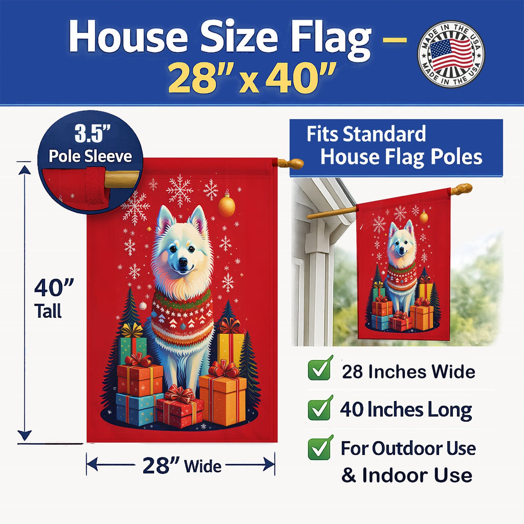 American Eskimo Holiday Christmas House Flag 28x40 Porch Sleeve Pole Decorative Outside Yard Banner Artwork Wall Hanging, Polyester