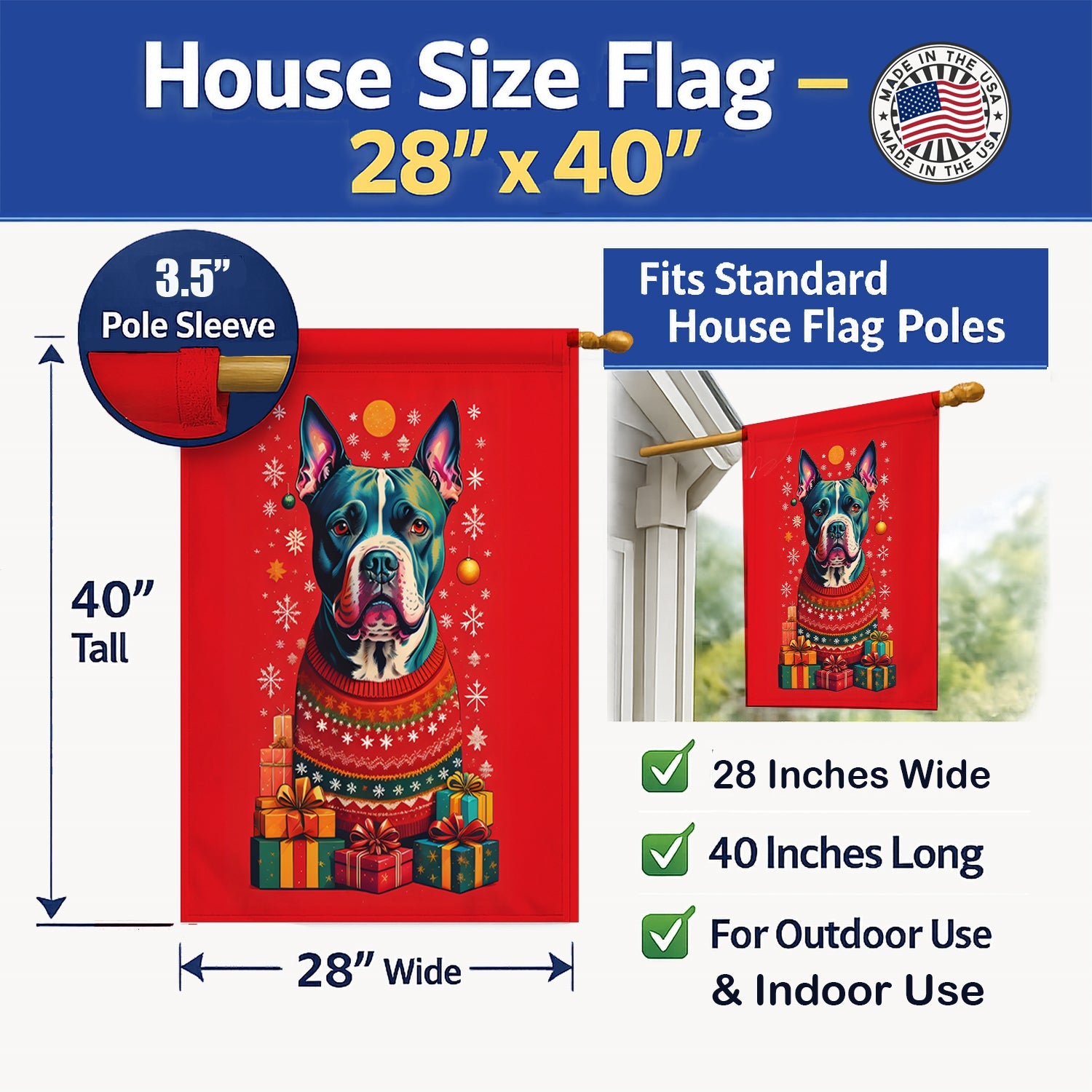 Staffordshire Bull Terrier Holiday Christmas House Flag 28x40 Porch Sleeve Pole Decorative Outside Yard Banner Artwork Wall Hanging, Polyester