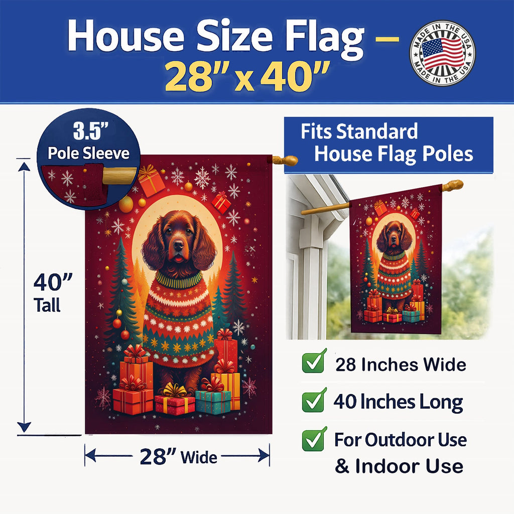 American Water Spaniel Holiday Christmas House Flag 28x40 Porch Sleeve Pole Decorative Outside Yard Banner Artwork Wall Hanging, Polyester