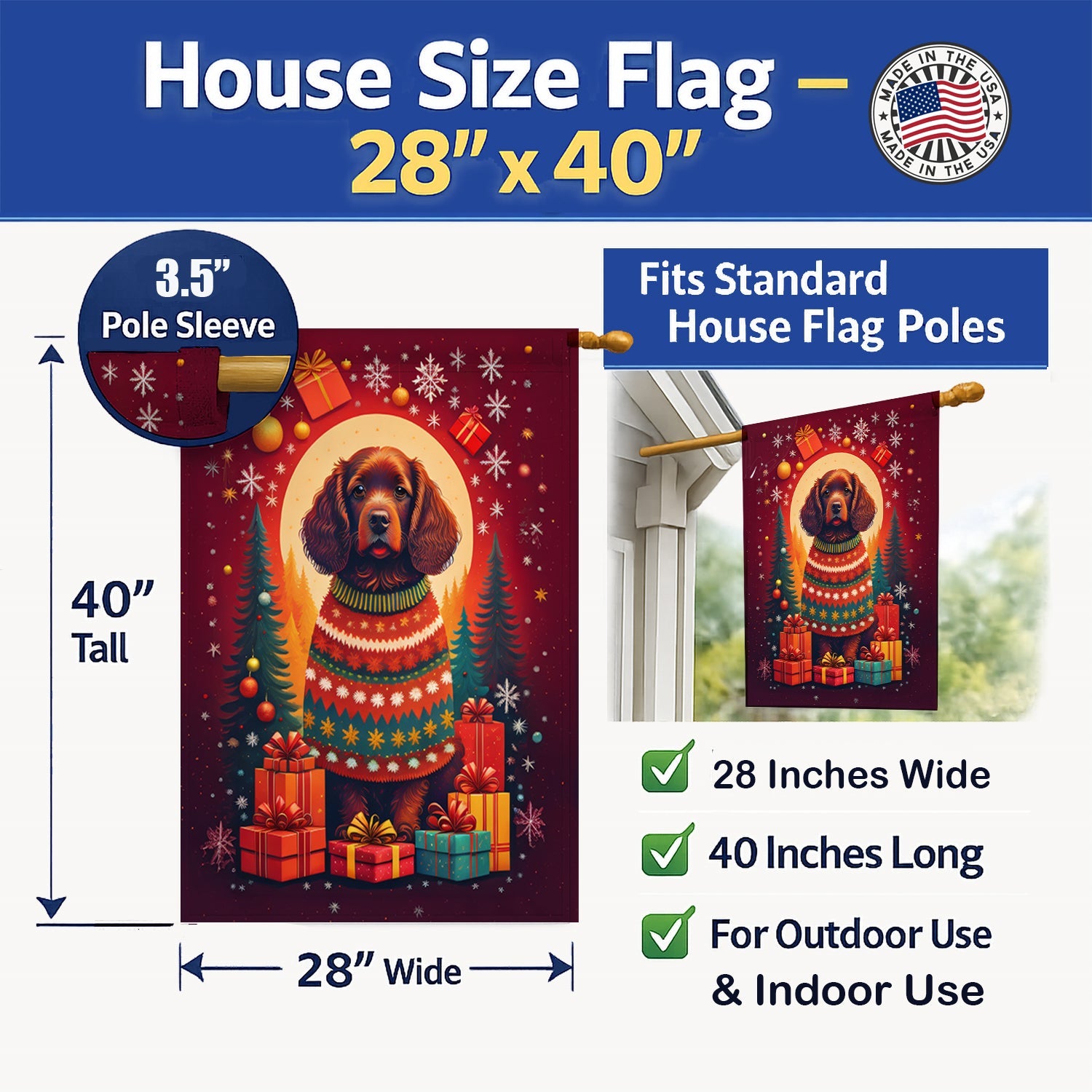 American Water Spaniel Holiday Christmas House Flag 28x40 Porch Sleeve Pole Decorative Outside Yard Banner Artwork Wall Hanging, Polyester