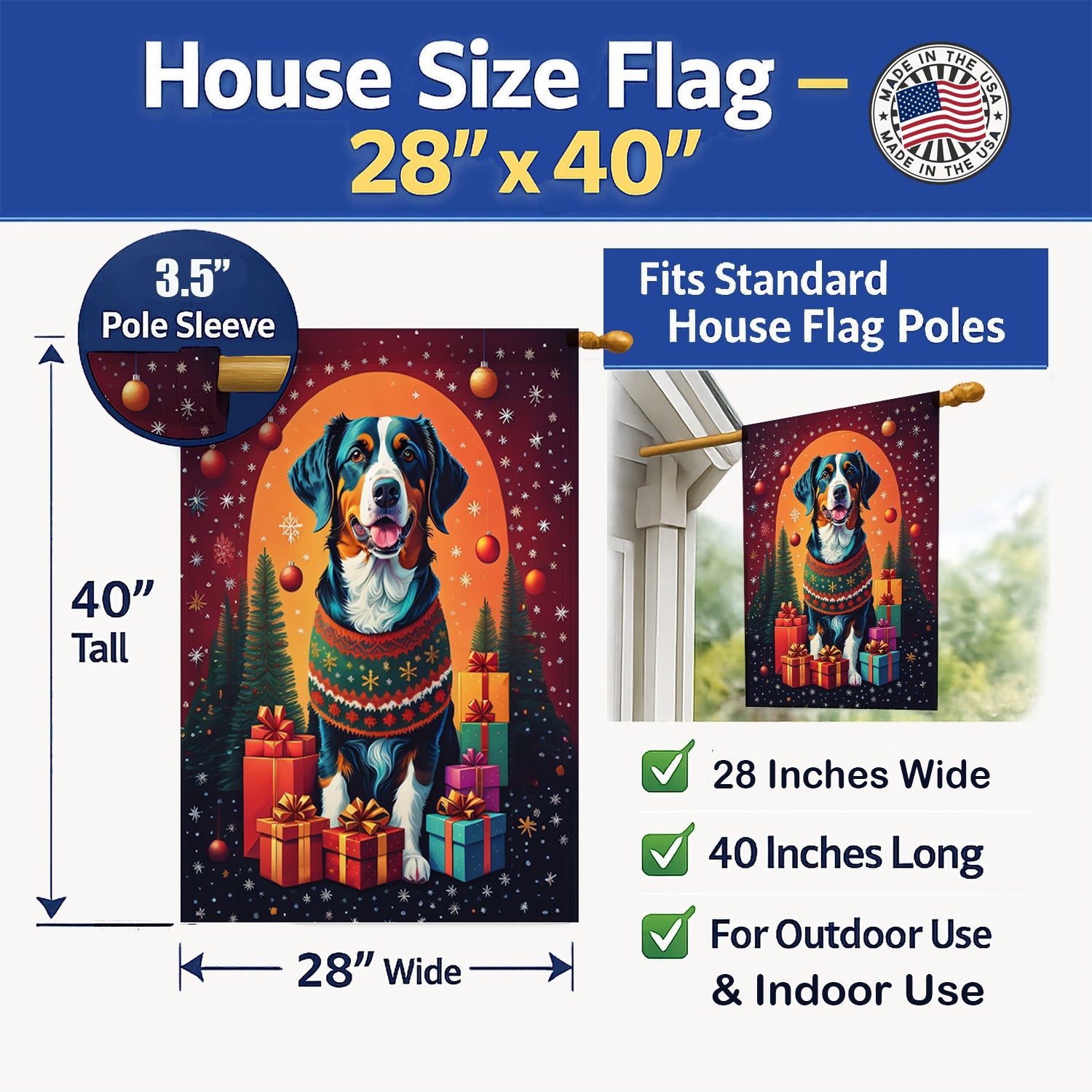Appenzeller Sennenhund Holiday Christmas House Flag 28x40 Porch Sleeve Pole Decorative Outside Yard Banner Artwork Wall Hanging, Polyester