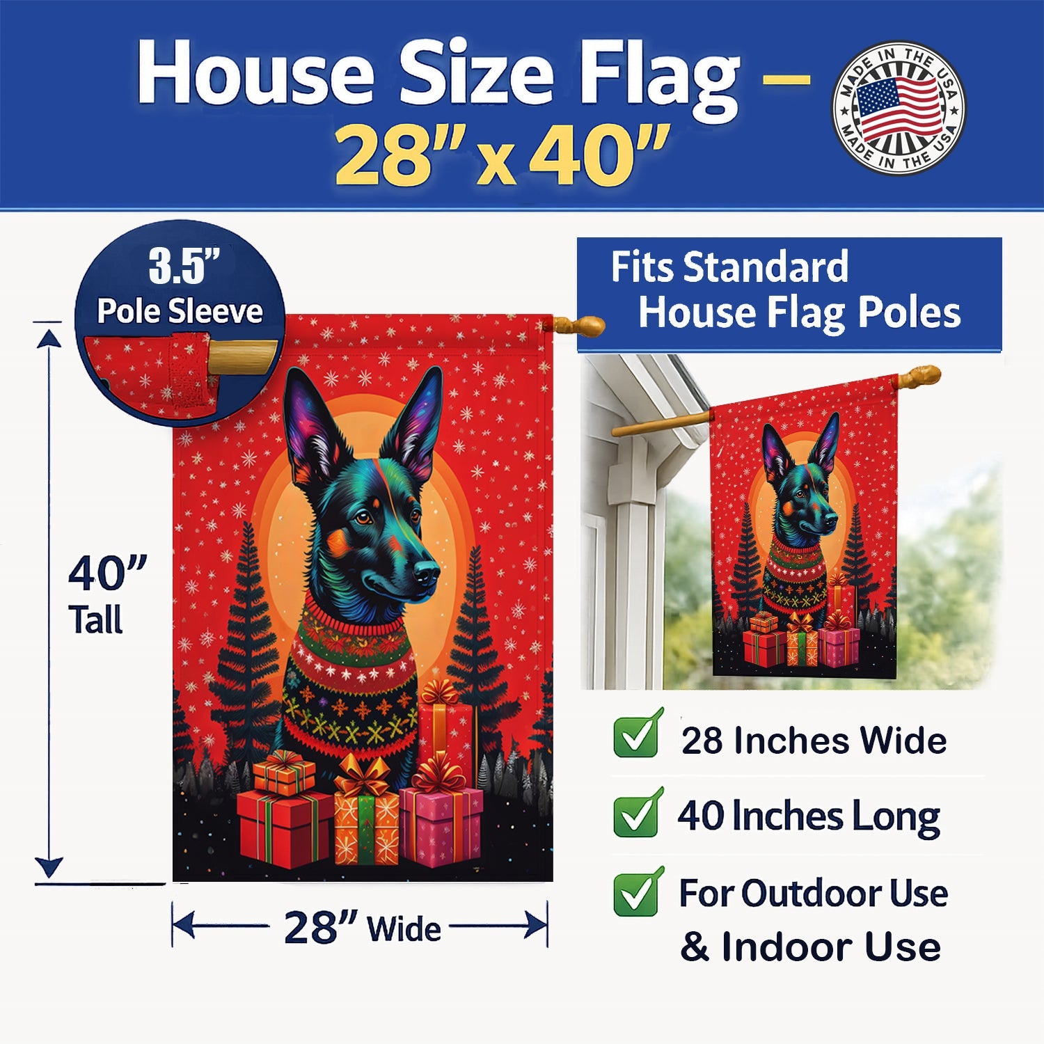 Australian Kelpie Holiday Christmas House Flag 28x40 Porch Sleeve Pole Decorative Outside Yard Banner Artwork Wall Hanging, Polyester