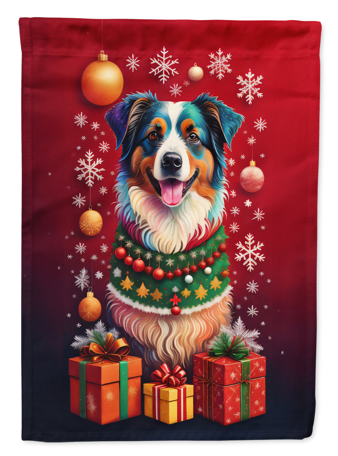 Australian Shepherd Holiday Christmas House Flag 28x40 Porch Sleeve Pole Decorative Outside Yard Banner Artwork Wall Hanging, Polyester