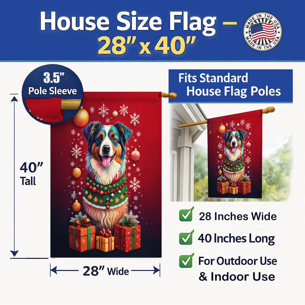 Australian Shepherd Holiday Christmas House Flag 28x40 Porch Sleeve Pole Decorative Outside Yard Banner Artwork Wall Hanging, Polyester