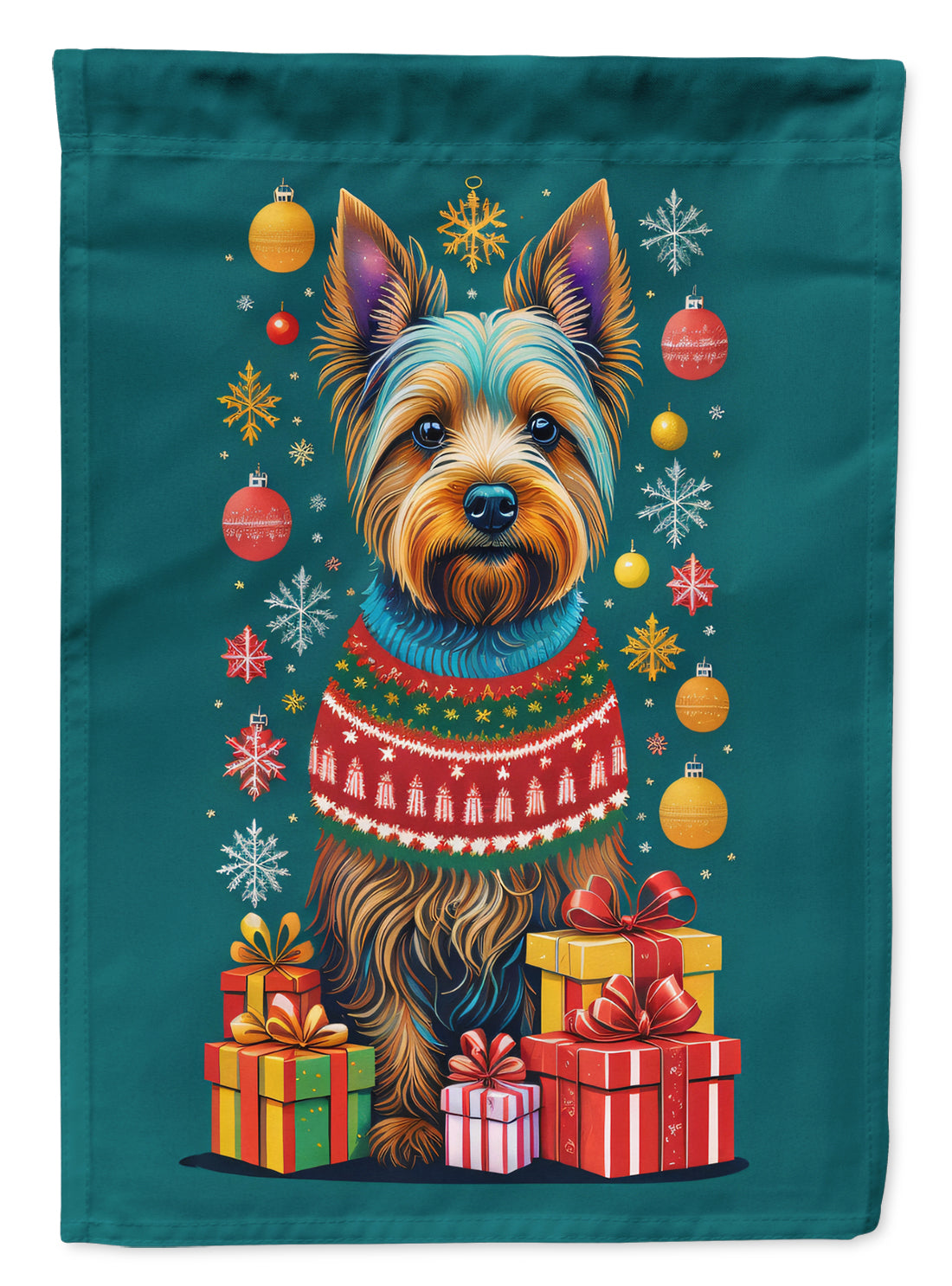 Australian Terrier Holiday Christmas House Flag 28x40 Porch Sleeve Pole Decorative Outside Yard Banner Artwork Wall Hanging, Polyester