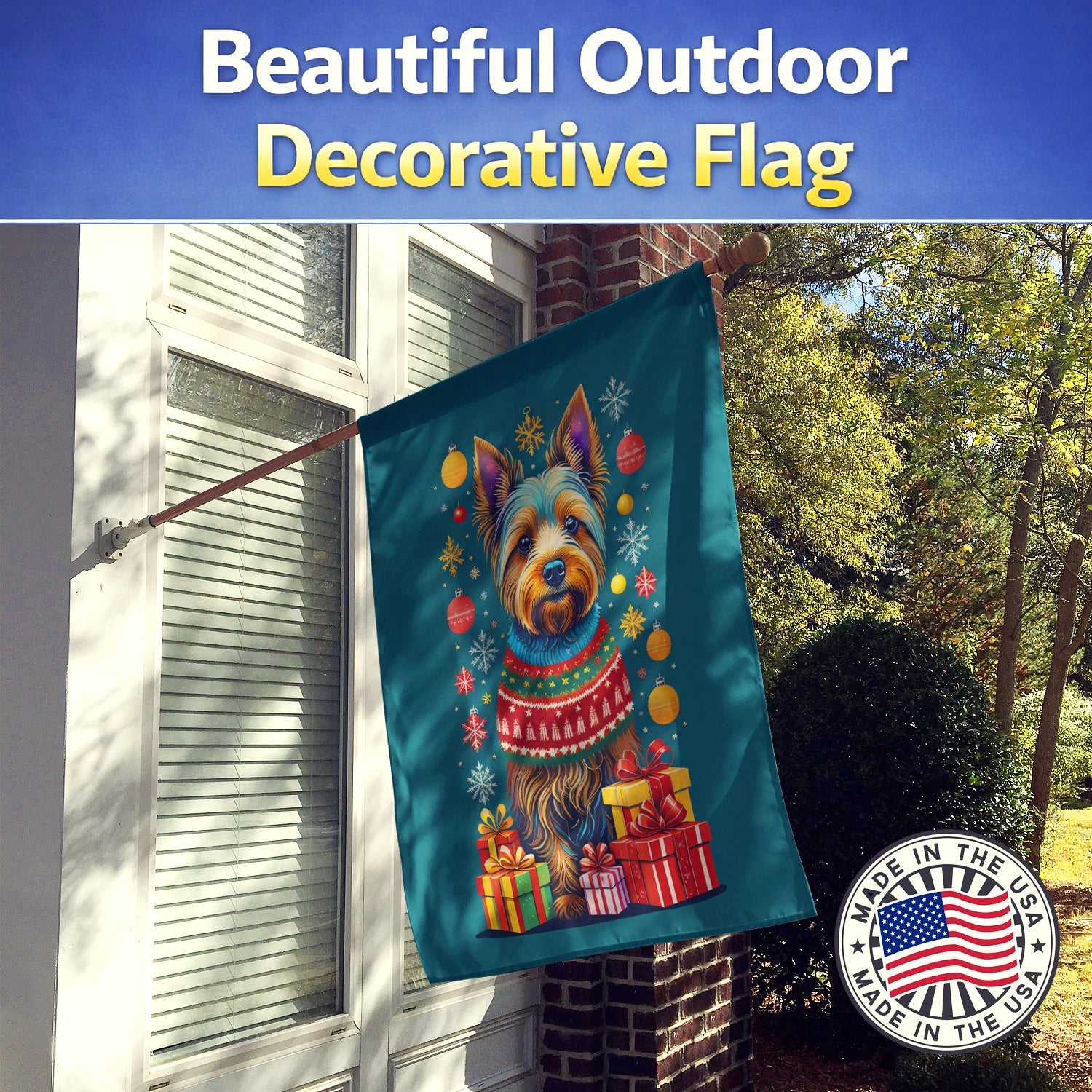 Australian Terrier Holiday Christmas House Flag 28x40 Porch Sleeve Pole Decorative Outside Yard Banner Artwork Wall Hanging, Polyester