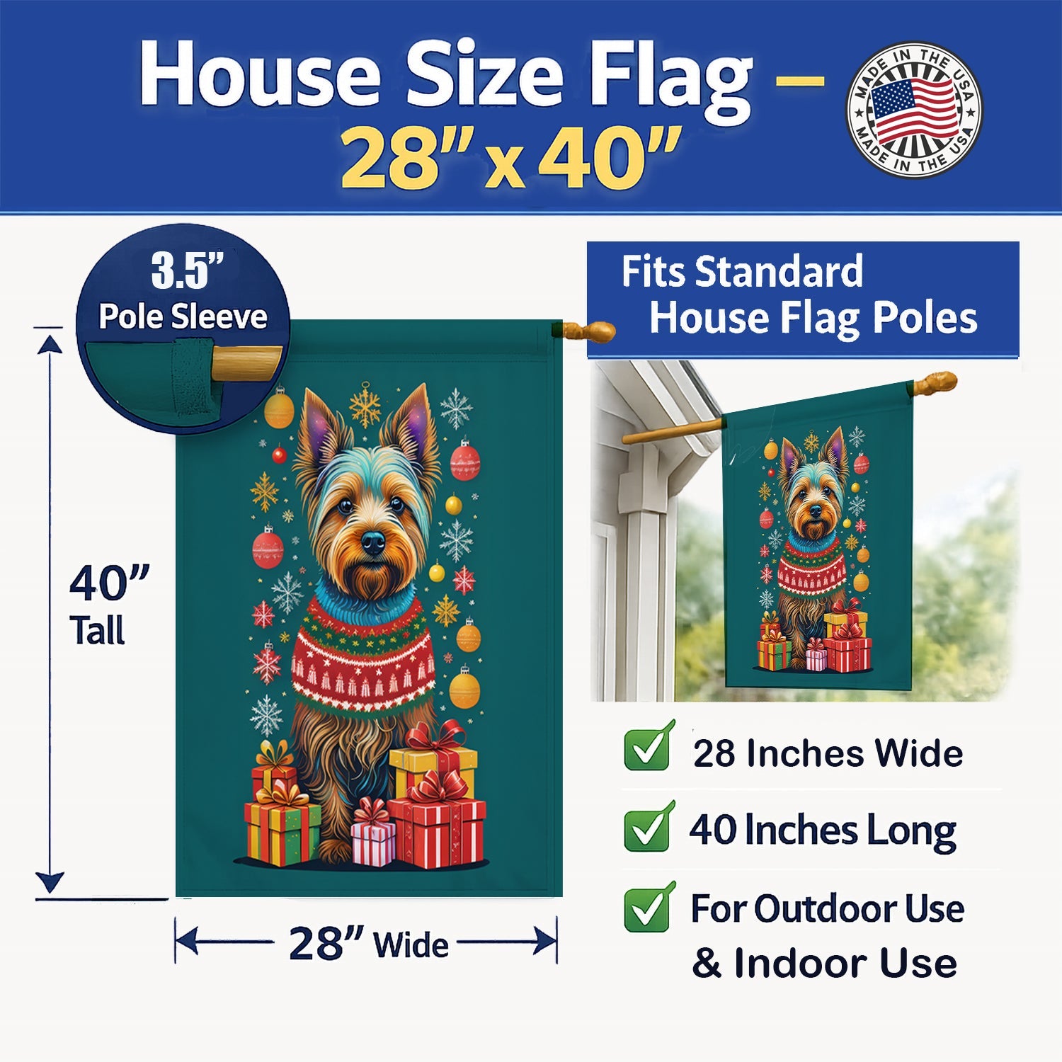 Australian Terrier Holiday Christmas House Flag 28x40 Porch Sleeve Pole Decorative Outside Yard Banner Artwork Wall Hanging, Polyester