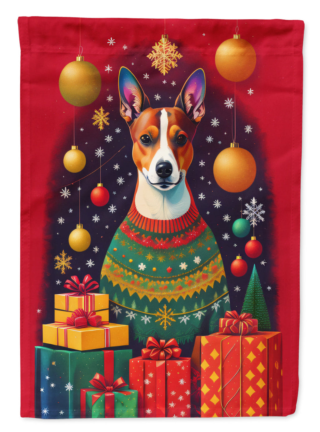Basenji Holiday Christmas House Flag 28x40 Porch Sleeve Pole Decorative Outside Yard Banner Artwork Wall Hanging, Polyester
