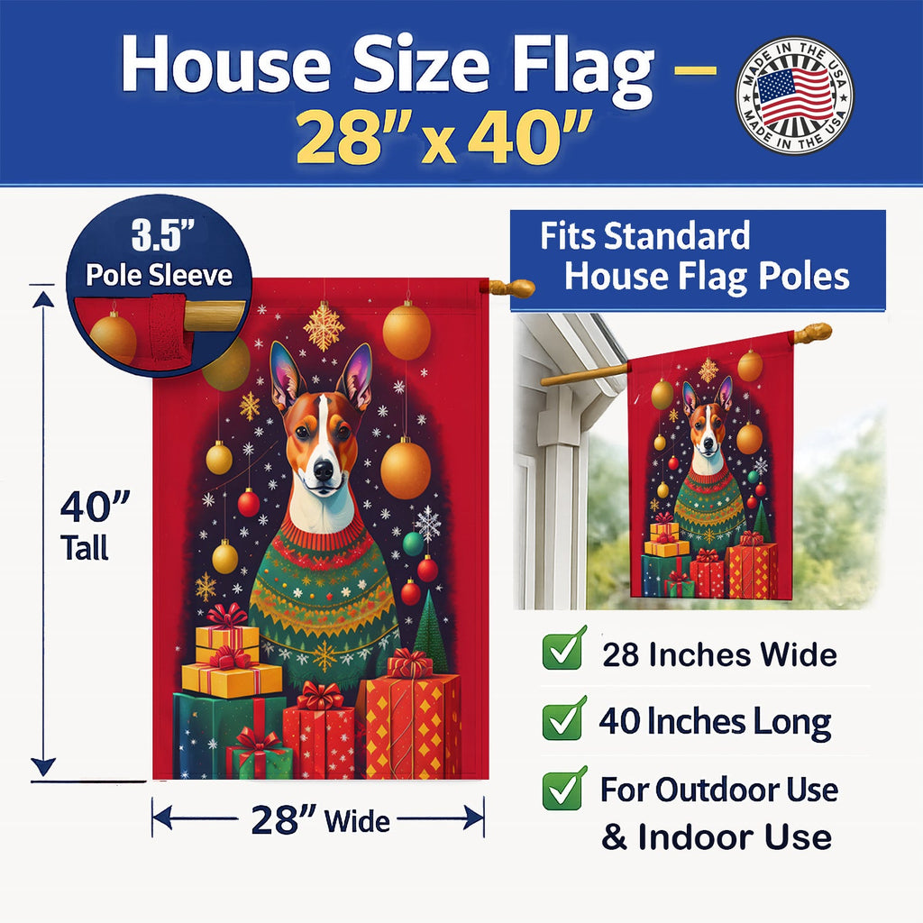 Basenji Holiday Christmas House Flag 28x40 Porch Sleeve Pole Decorative Outside Yard Banner Artwork Wall Hanging, Polyester