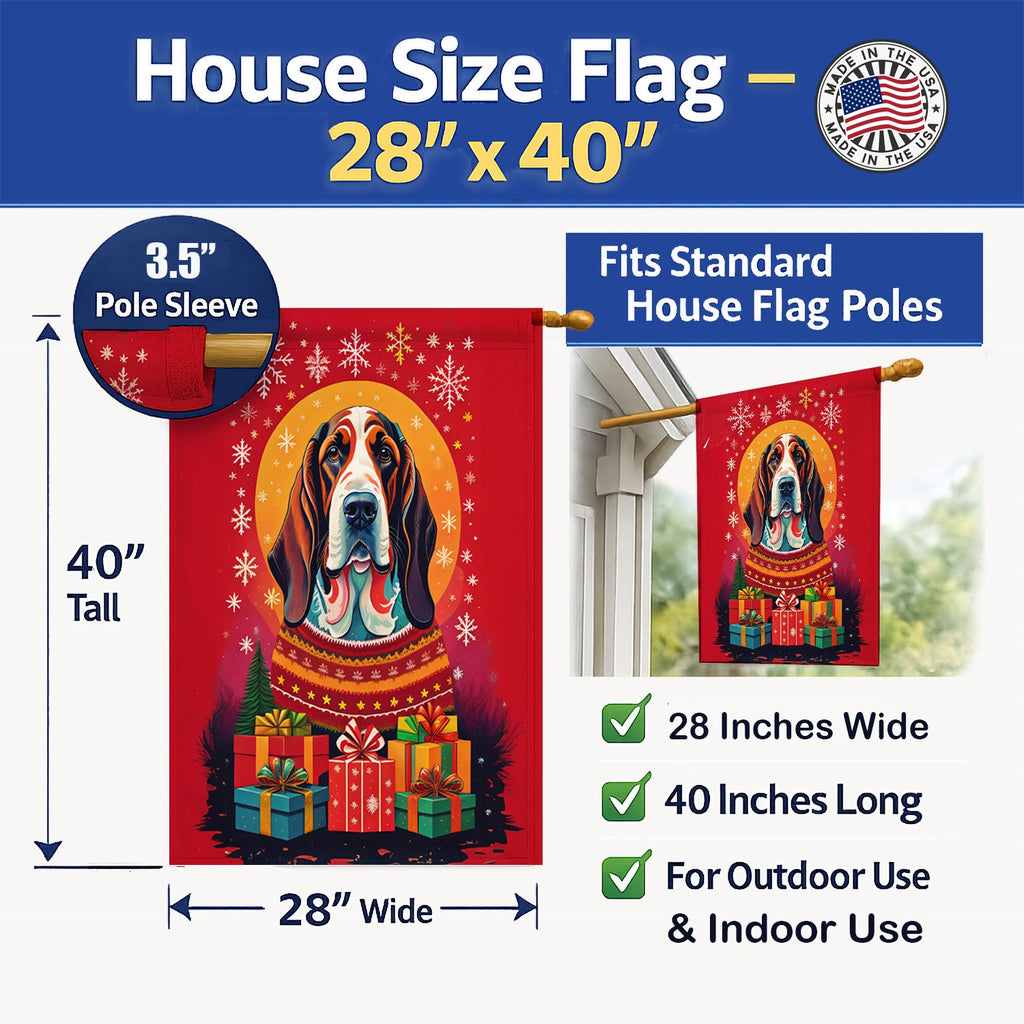 Basset Hound Holiday Christmas House Flag 28x40 Porch Sleeve Pole Decorative Outside Yard Banner Artwork Wall Hanging, Polyester