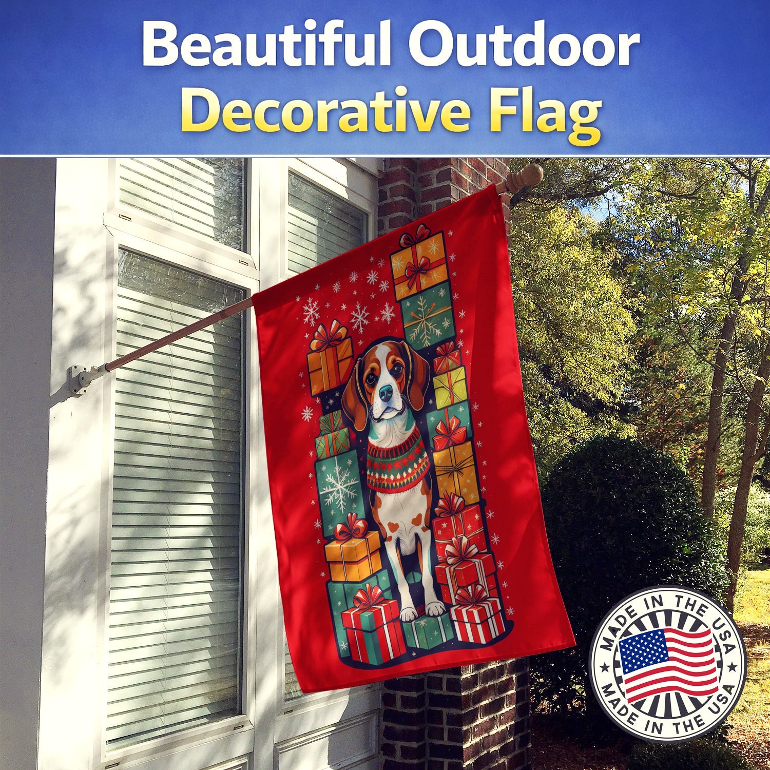 Beagle Holiday Christmas House Flag 28x40 Porch Sleeve Pole Decorative Outside Yard Banner Artwork Wall Hanging, Polyester