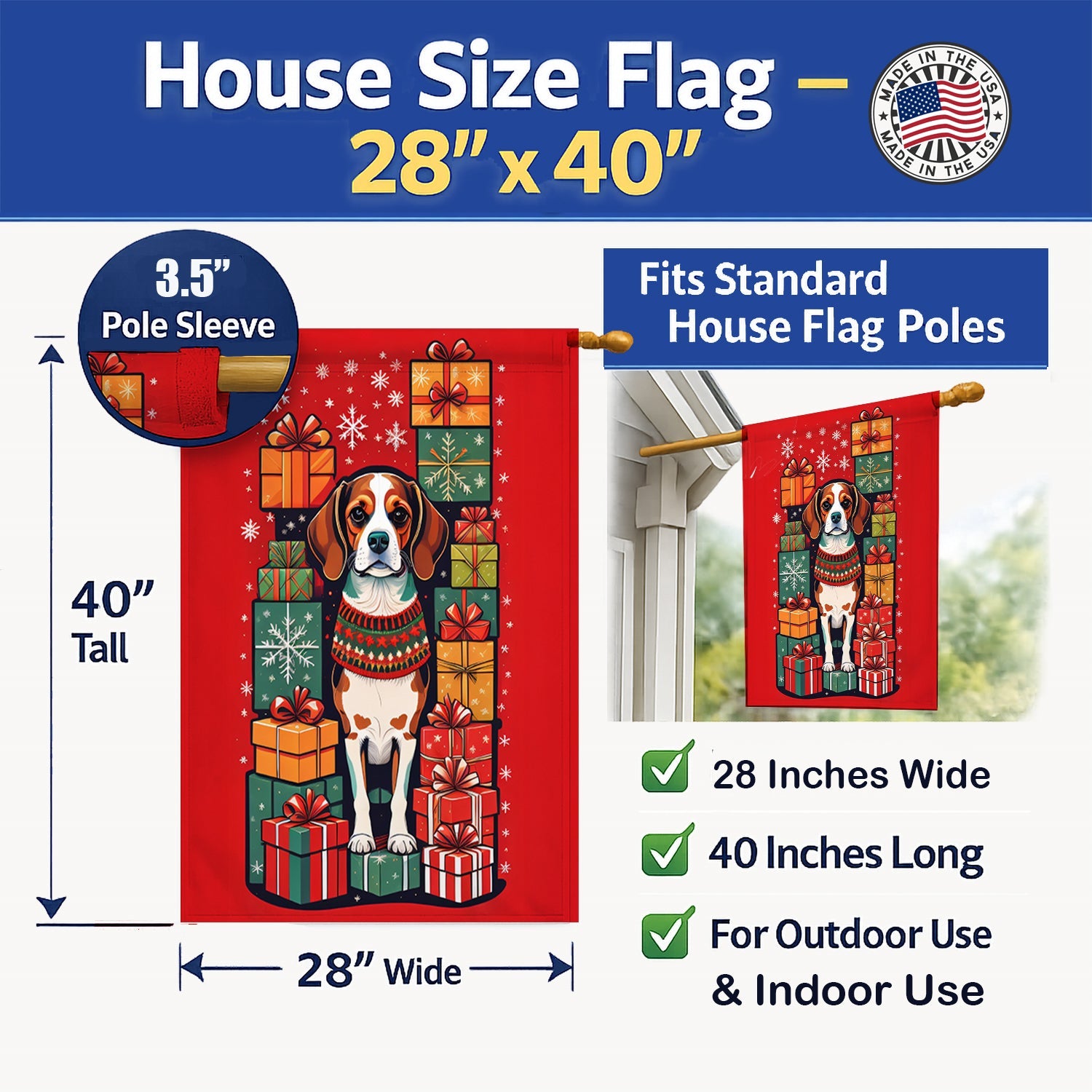 Beagle Holiday Christmas House Flag 28x40 Porch Sleeve Pole Decorative Outside Yard Banner Artwork Wall Hanging, Polyester