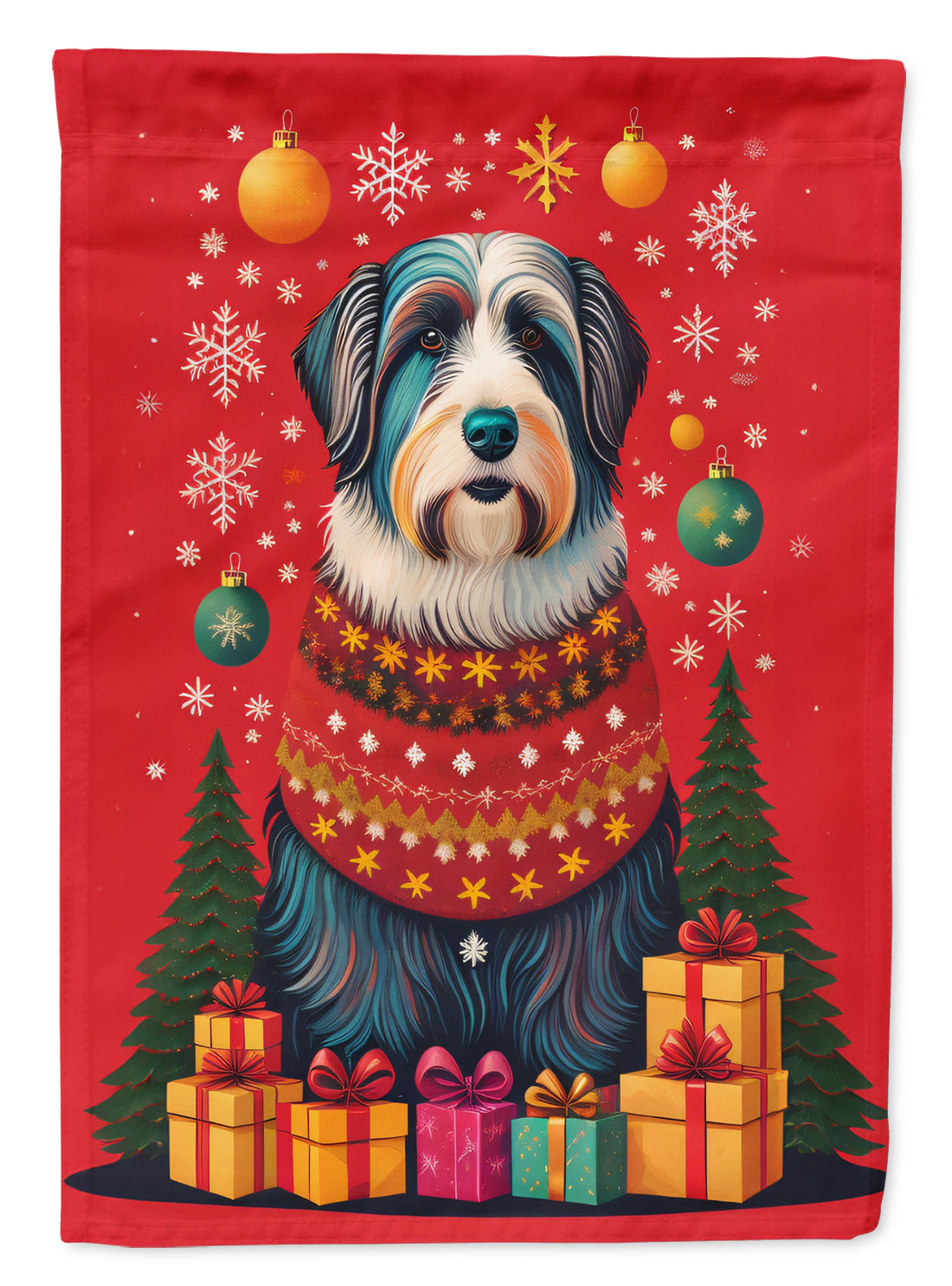 Bearded Collie Holiday Christmas House Flag 28x40 Porch Sleeve Pole Decorative Outside Yard Banner Artwork Wall Hanging, Polyester