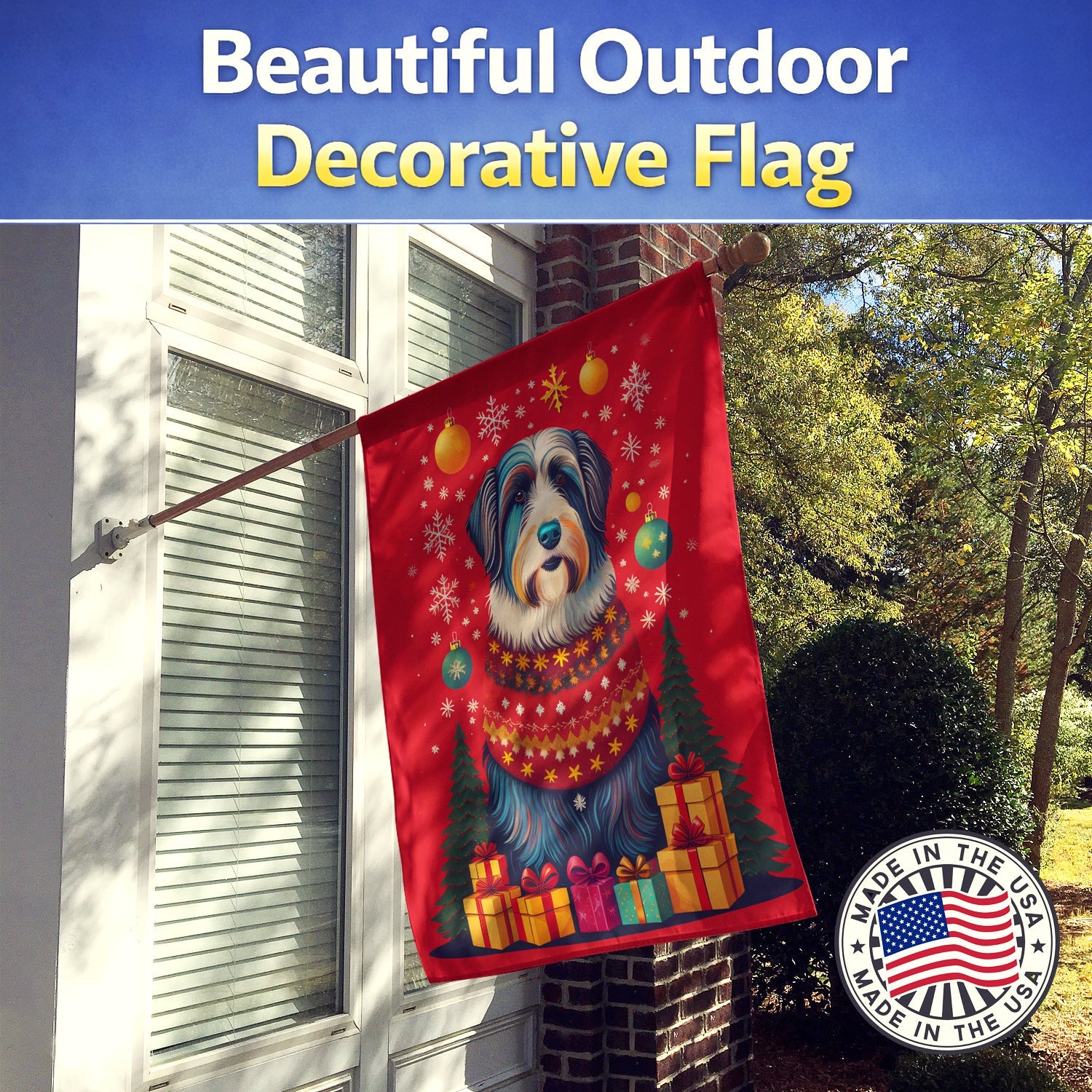 Bearded Collie Holiday Christmas House Flag 28x40 Porch Sleeve Pole Decorative Outside Yard Banner Artwork Wall Hanging, Polyester
