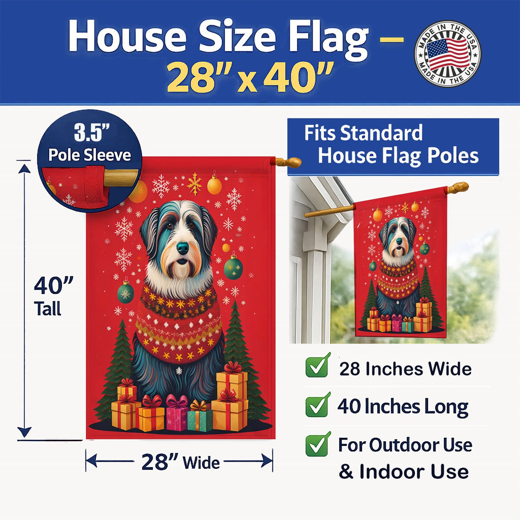 Bearded Collie Holiday Christmas House Flag 28x40 Porch Sleeve Pole Decorative Outside Yard Banner Artwork Wall Hanging, Polyester
