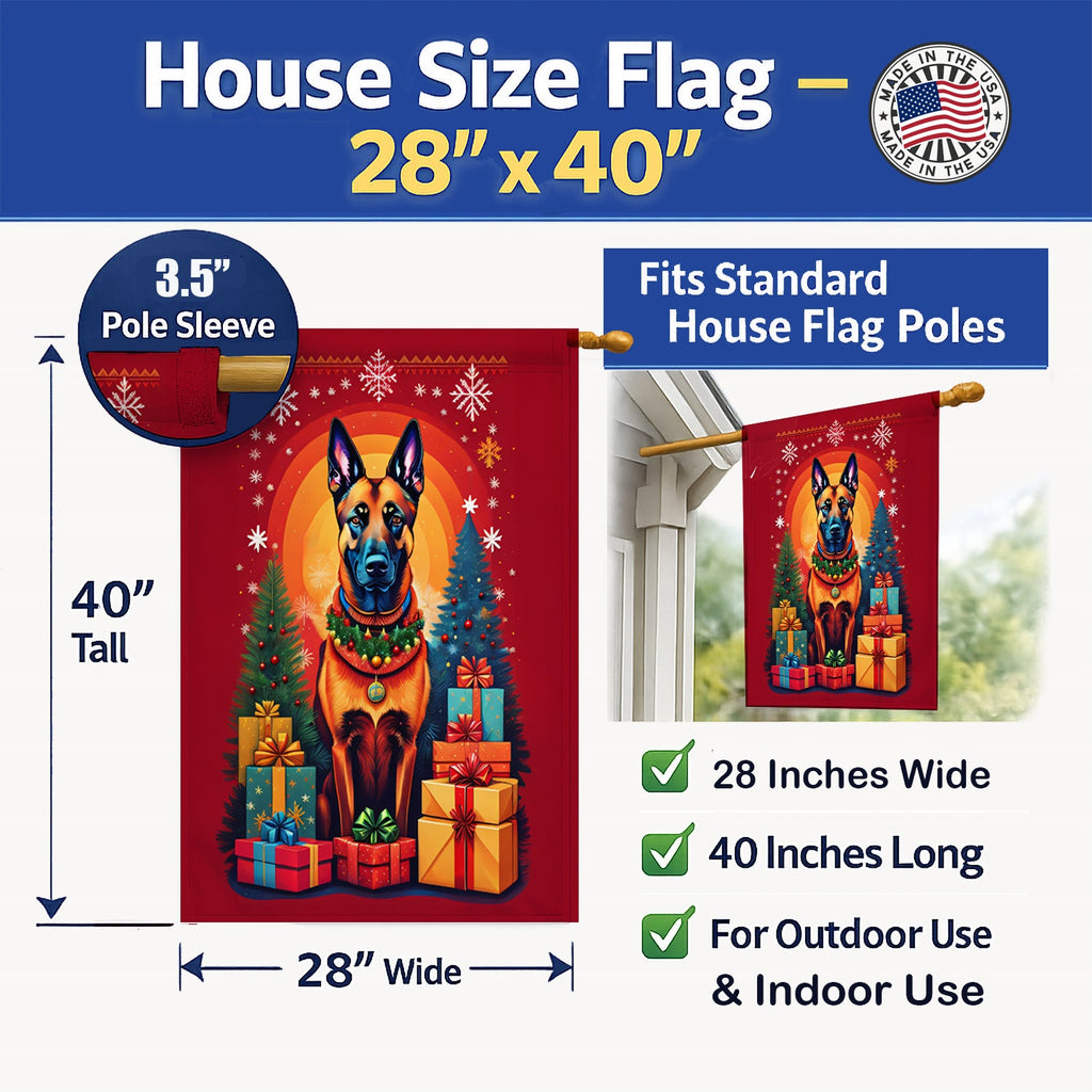 Belgian Malinois Holiday Christmas House Flag 28x40 Porch Sleeve Pole Decorative Outside Yard Banner Artwork Wall Hanging, Polyester