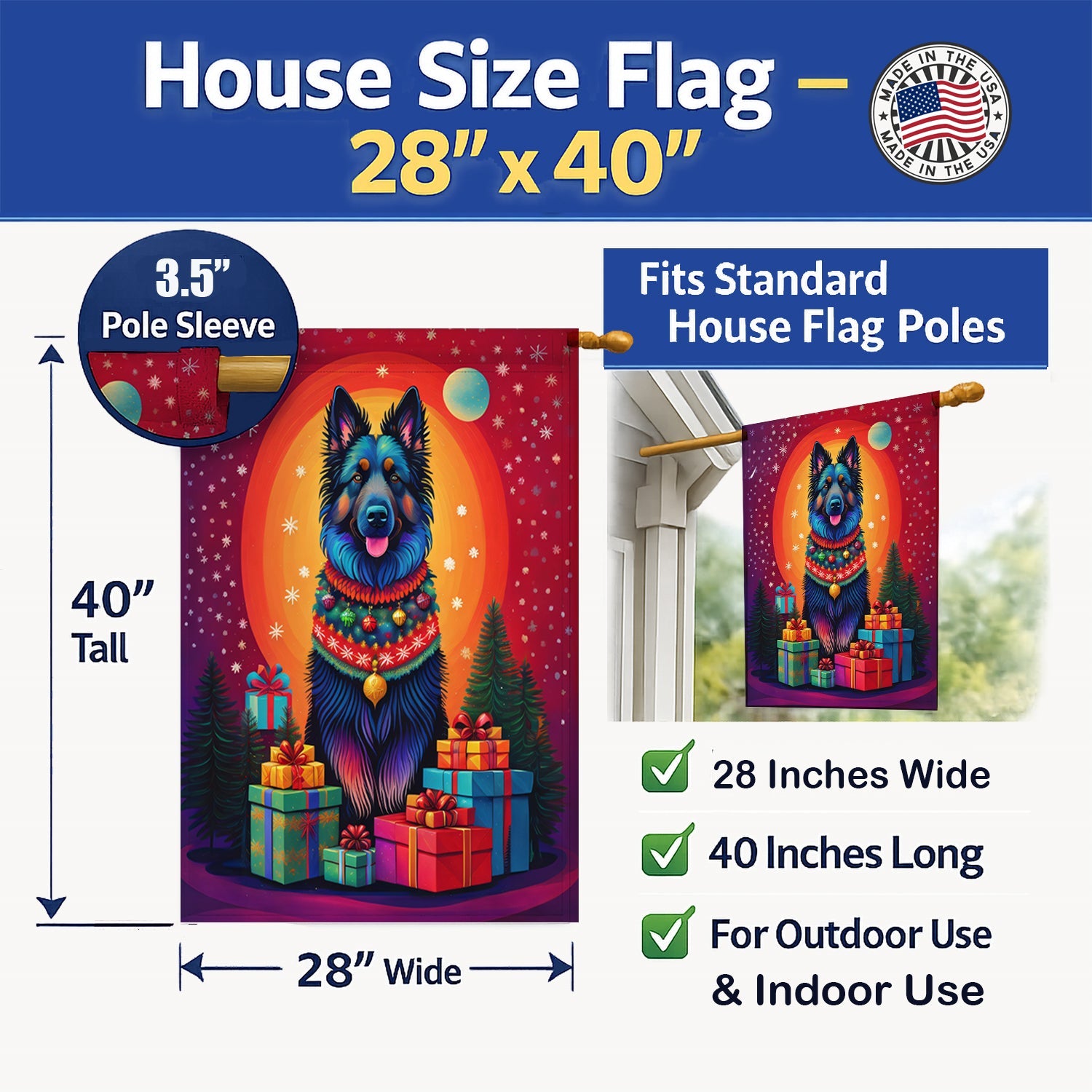 Belgian Sheepdog Holiday Christmas House Flag 28x40 Porch Sleeve Pole Decorative Outside Yard Banner Artwork Wall Hanging, Polyester
