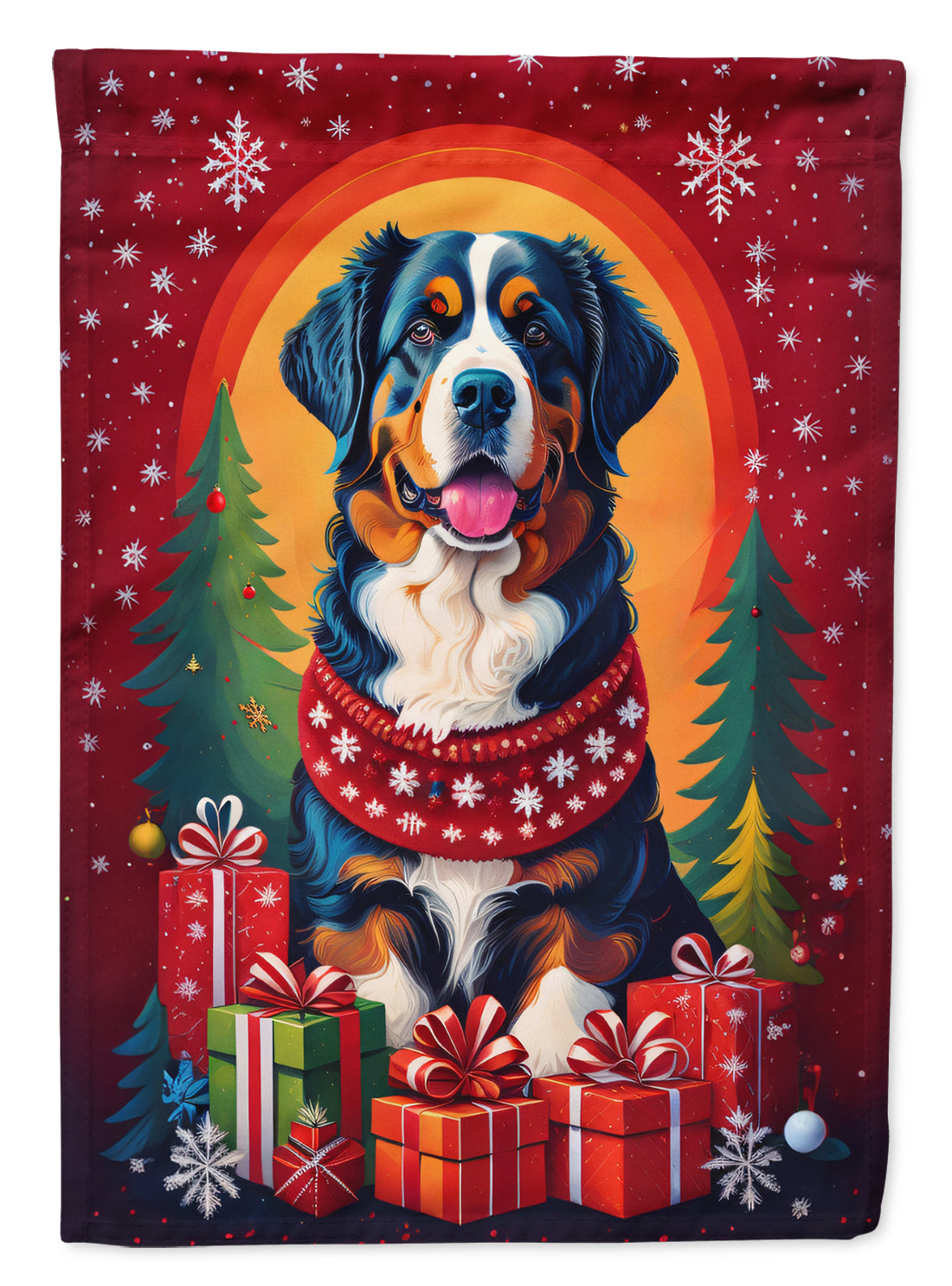 Bernese Mountain Dog Holiday Christmas House Flag 28x40 Porch Sleeve Pole Decorative Outside Yard Banner Artwork Wall Hanging, Polyester