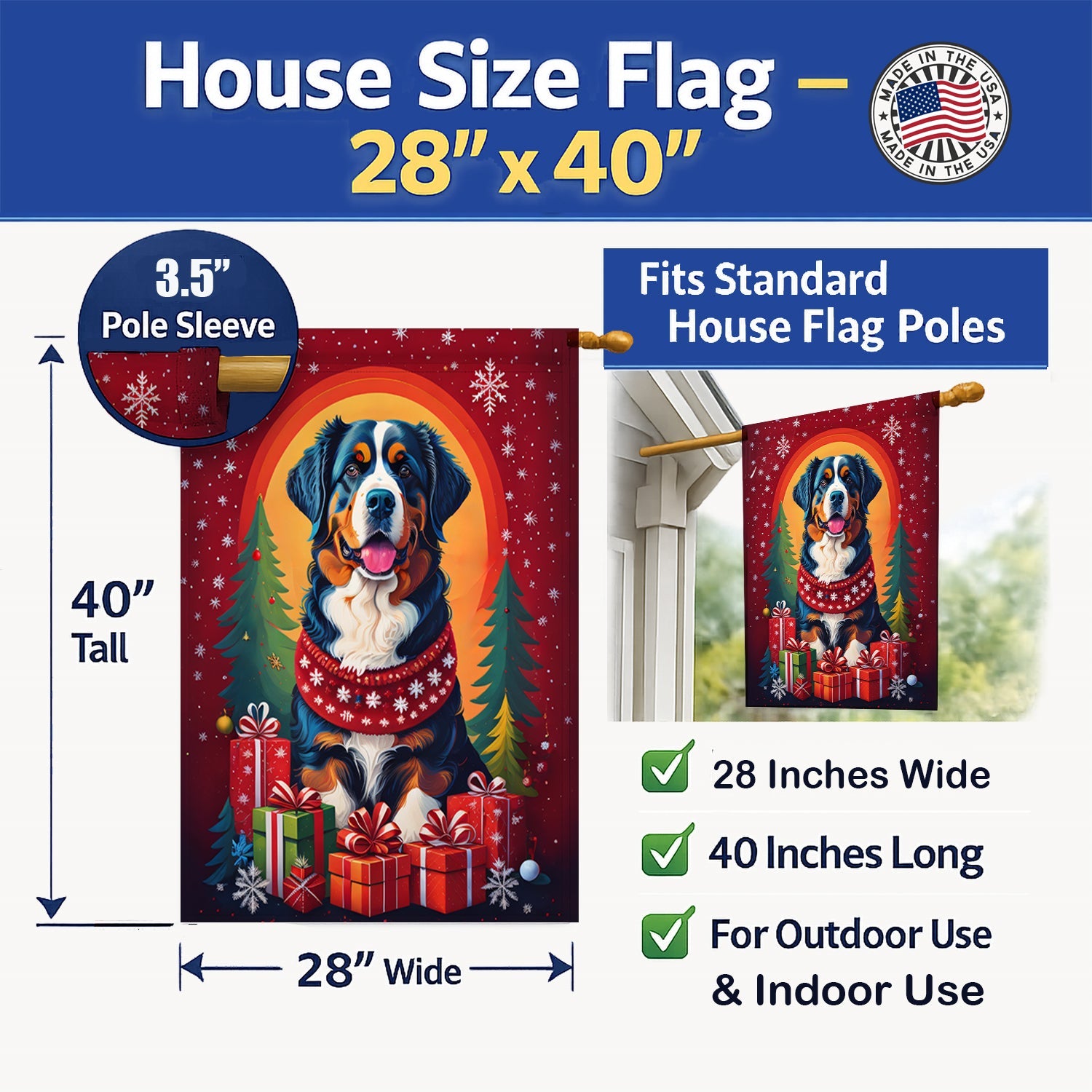 Bernese Mountain Dog Holiday Christmas House Flag 28x40 Porch Sleeve Pole Decorative Outside Yard Banner Artwork Wall Hanging, Polyester