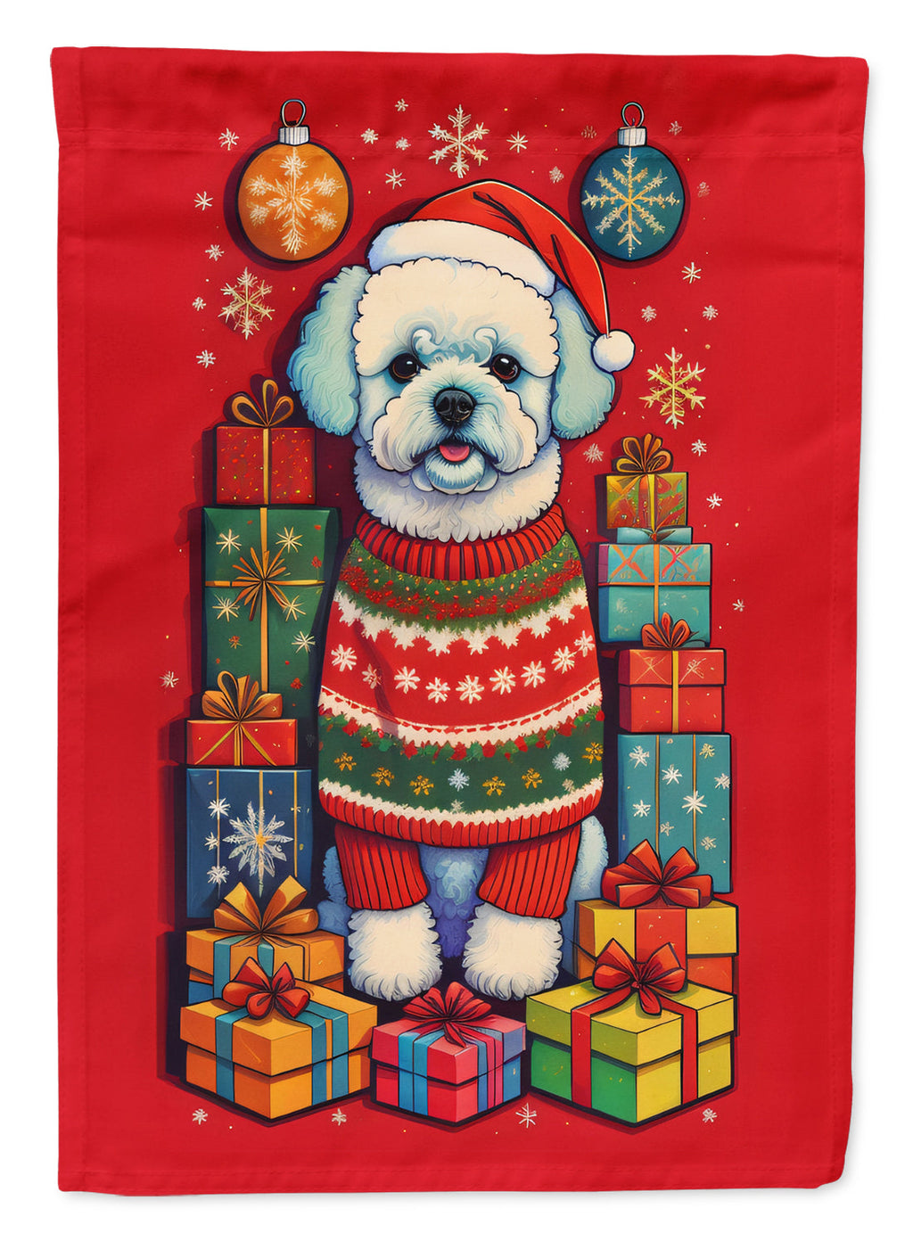 Bichon Frise Holiday Christmas House Flag 28x40 Porch Sleeve Pole Decorative Outside Yard Banner Artwork Wall Hanging, Polyester