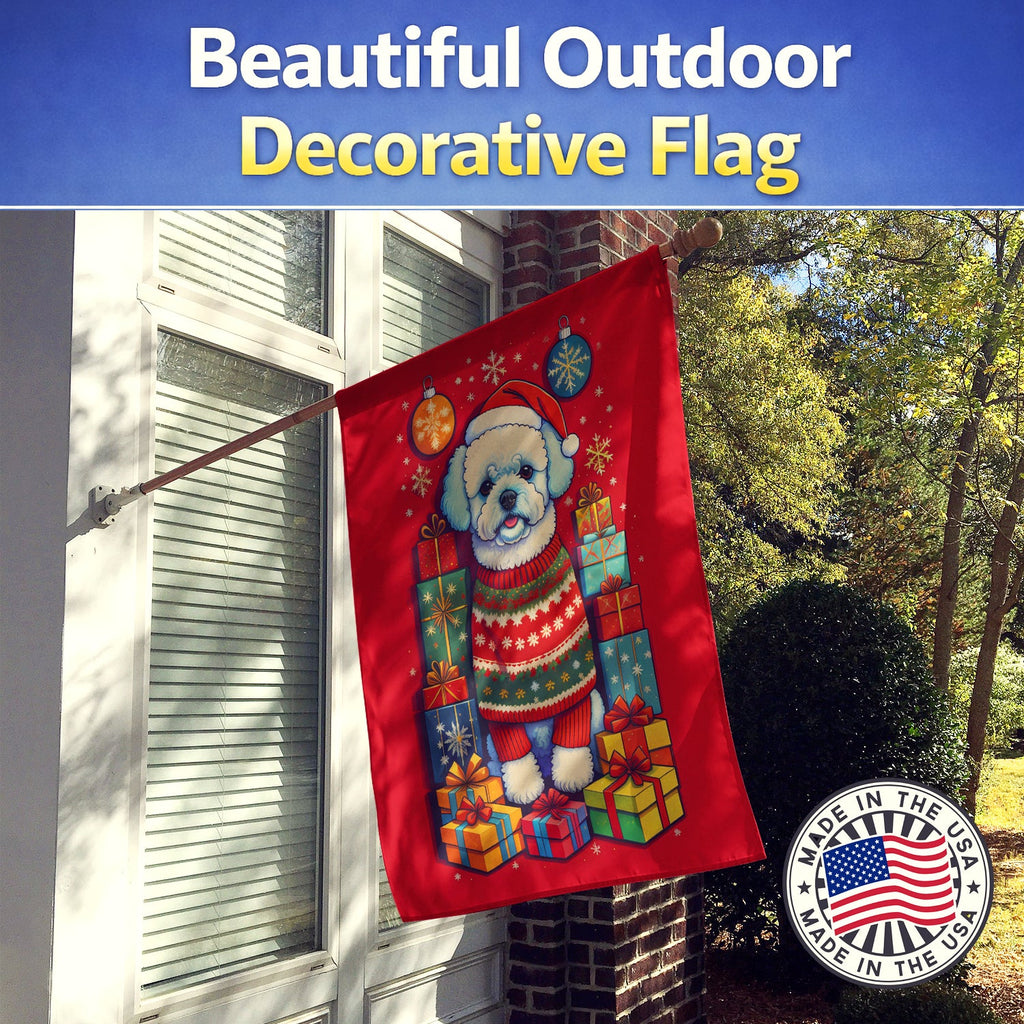 Bichon Frise Holiday Christmas House Flag 28x40 Porch Sleeve Pole Decorative Outside Yard Banner Artwork Wall Hanging, Polyester