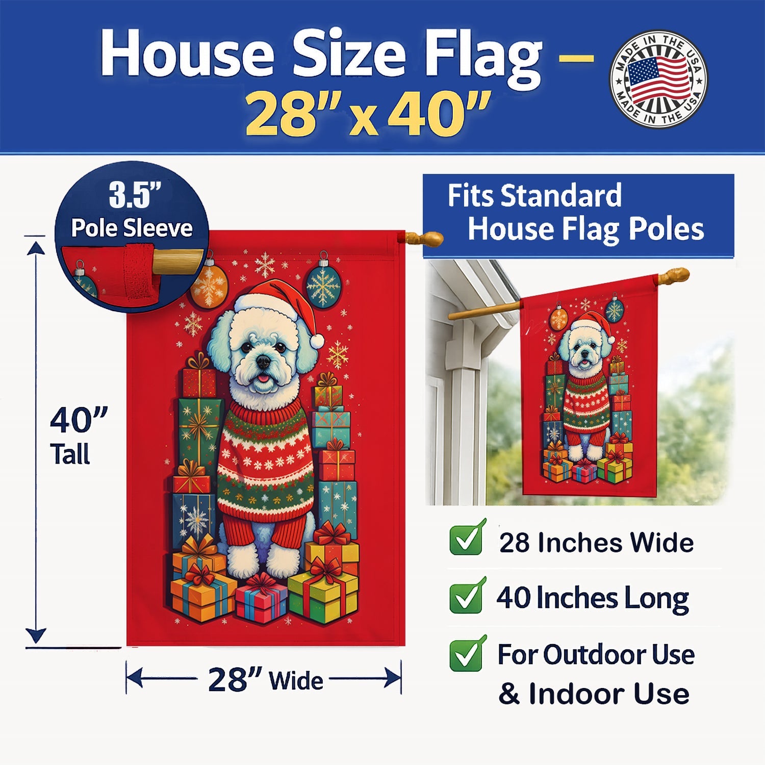 Bichon Frise Holiday Christmas House Flag 28x40 Porch Sleeve Pole Decorative Outside Yard Banner Artwork Wall Hanging, Polyester