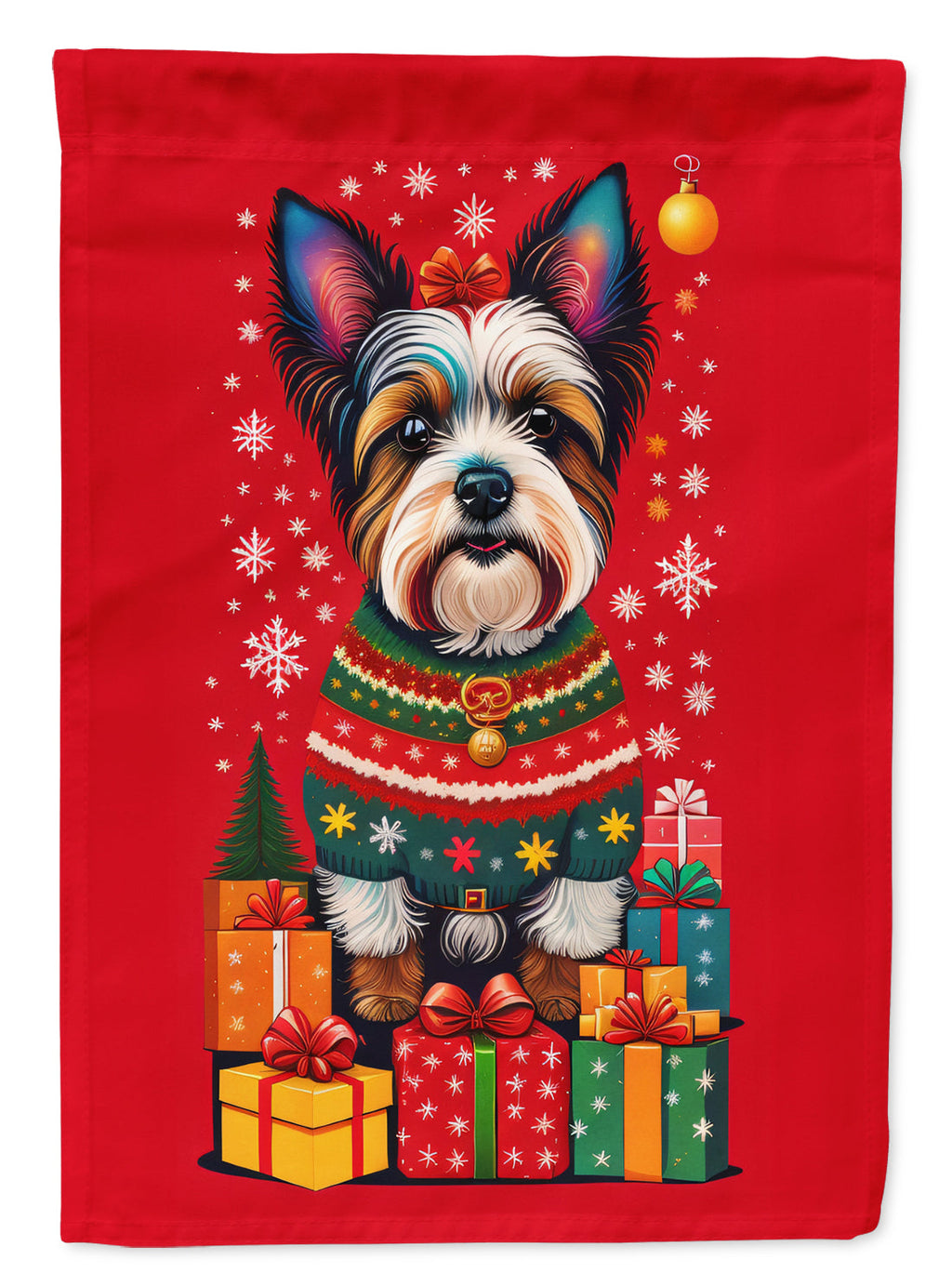 Biewer Terrier Holiday Christmas House Flag 28x40 Porch Sleeve Pole Decorative Outside Yard Banner Artwork Wall Hanging, Polyester