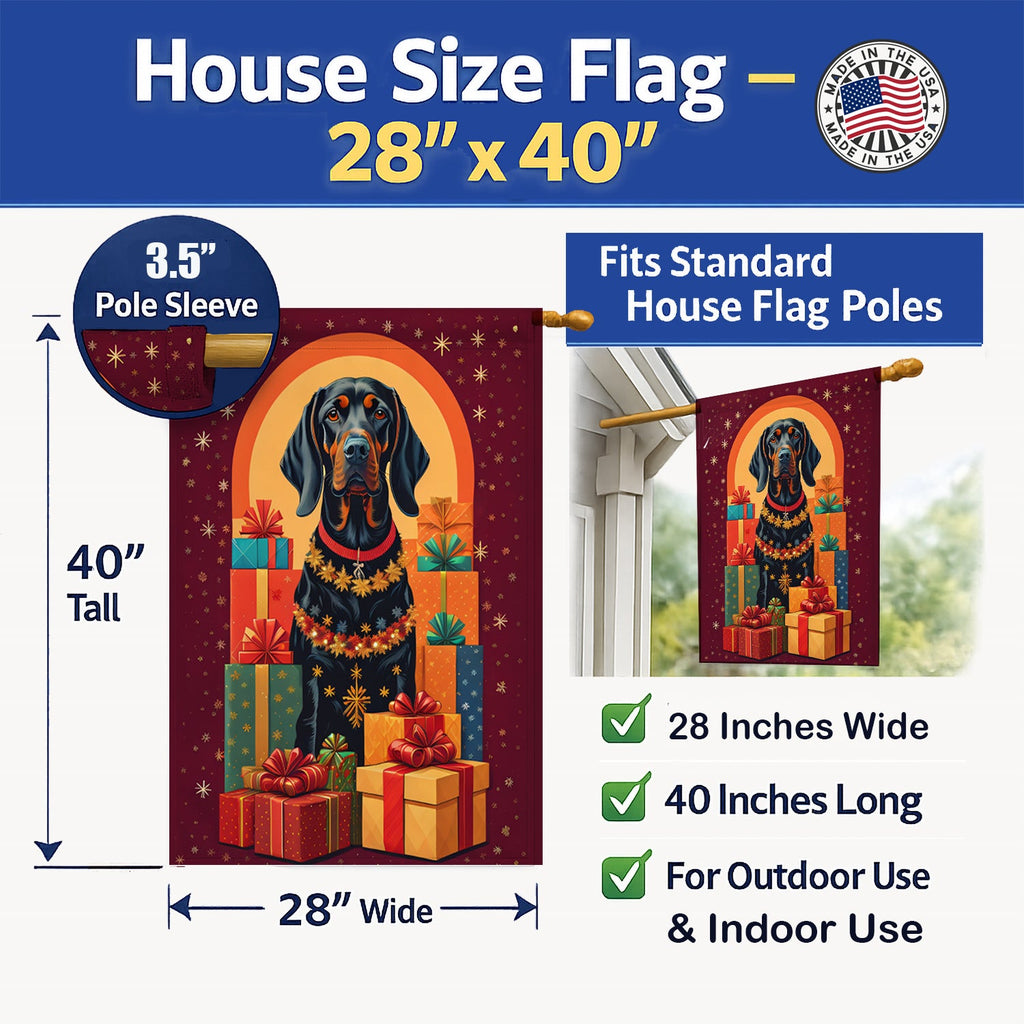 Black and Tan Coonhound Holiday Christmas House Flag 28x40 Porch Sleeve Pole Decorative Outside Yard Banner Artwork Wall Hanging, Polyester