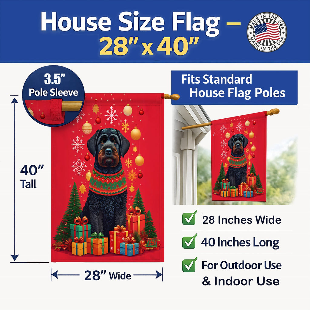 Black Russian Terrier Holiday Christmas House Flag 28x40 Porch Sleeve Pole Decorative Outside Yard Banner Artwork Wall Hanging, Polyester