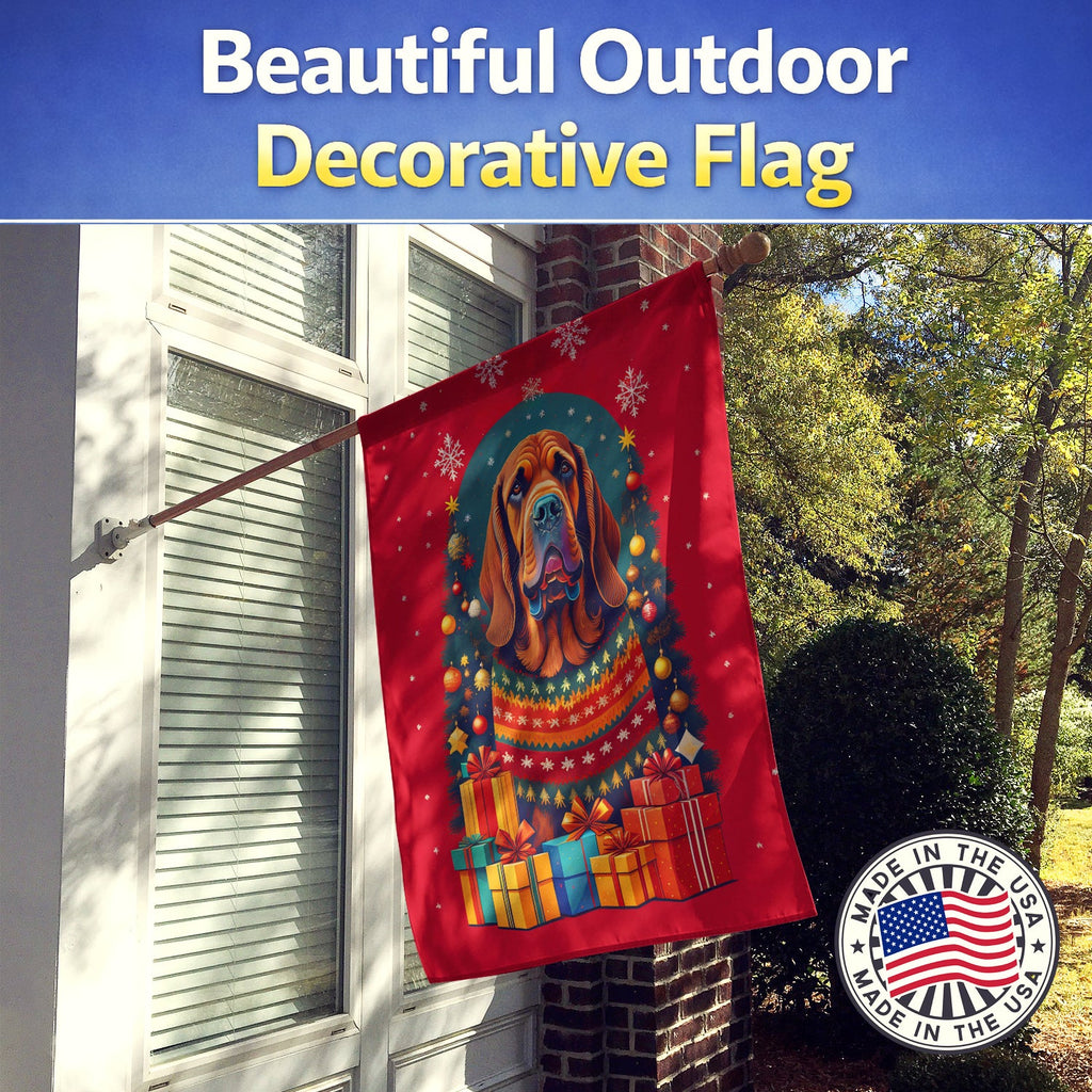 Bloodhound Holiday Christmas House Flag 28x40 Porch Sleeve Pole Decorative Outside Yard Banner Artwork Wall Hanging, Polyester