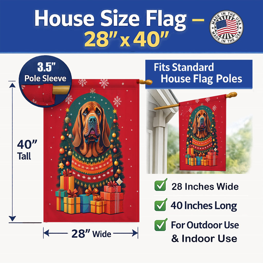 Bloodhound Holiday Christmas House Flag 28x40 Porch Sleeve Pole Decorative Outside Yard Banner Artwork Wall Hanging, Polyester