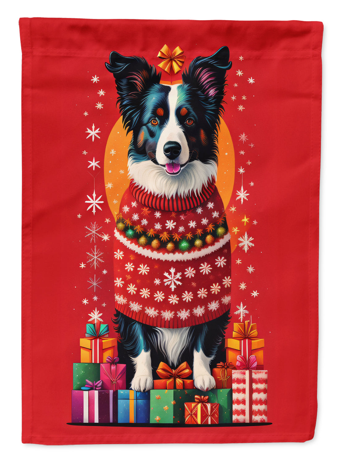 Border Collie Holiday Christmas House Flag 28x40 Porch Sleeve Pole Decorative Outside Yard Banner Artwork Wall Hanging, Polyester