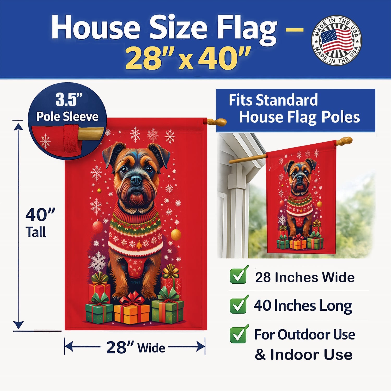 Border Terrier Holiday Christmas House Flag 28x40 Porch Sleeve Pole Decorative Outside Yard Banner Artwork Wall Hanging, Polyester