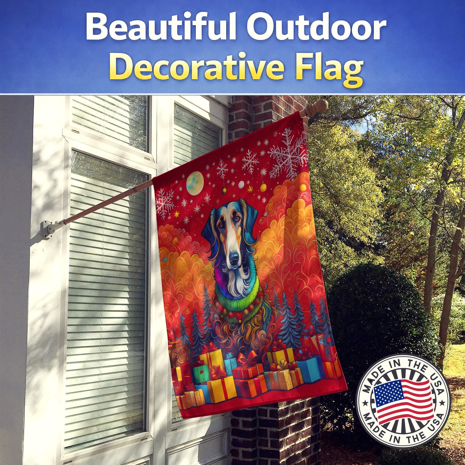 Borzoi Russian Wolfhound Holiday Christmas House Flag 28x40 Porch Sleeve Pole Decorative Outside Yard Banner Artwork Wall Hanging, Polyester