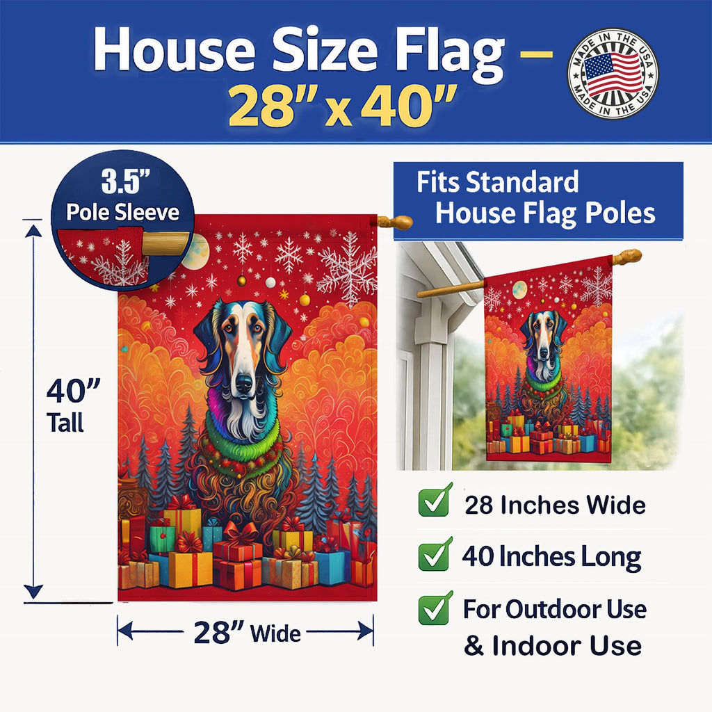 Borzoi Russian Wolfhound Holiday Christmas House Flag 28x40 Porch Sleeve Pole Decorative Outside Yard Banner Artwork Wall Hanging, Polyester