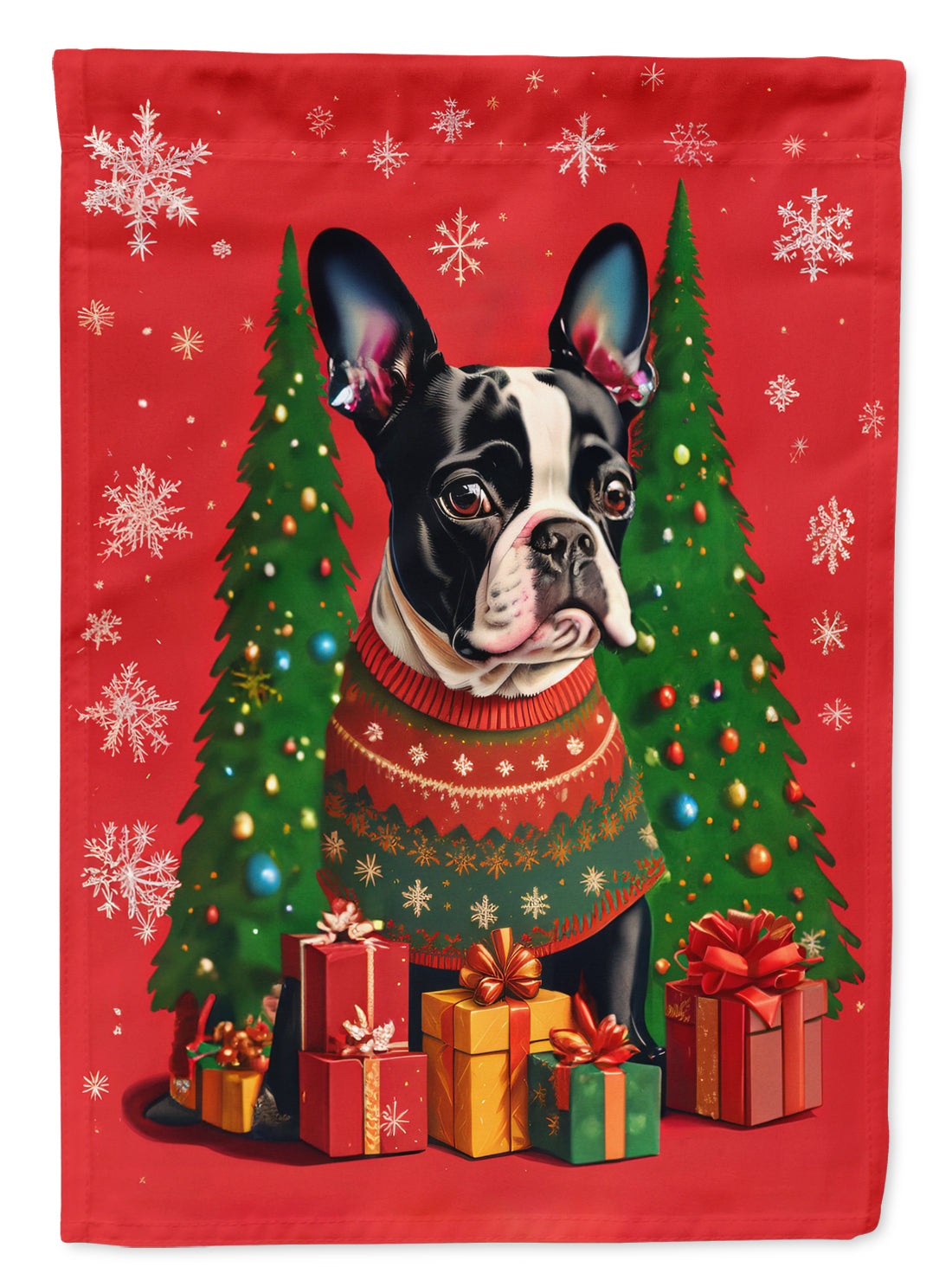 Boston Terrier Holiday Christmas House Flag 28x40 Porch Sleeve Pole Decorative Outside Yard Banner Artwork Wall Hanging, Polyester