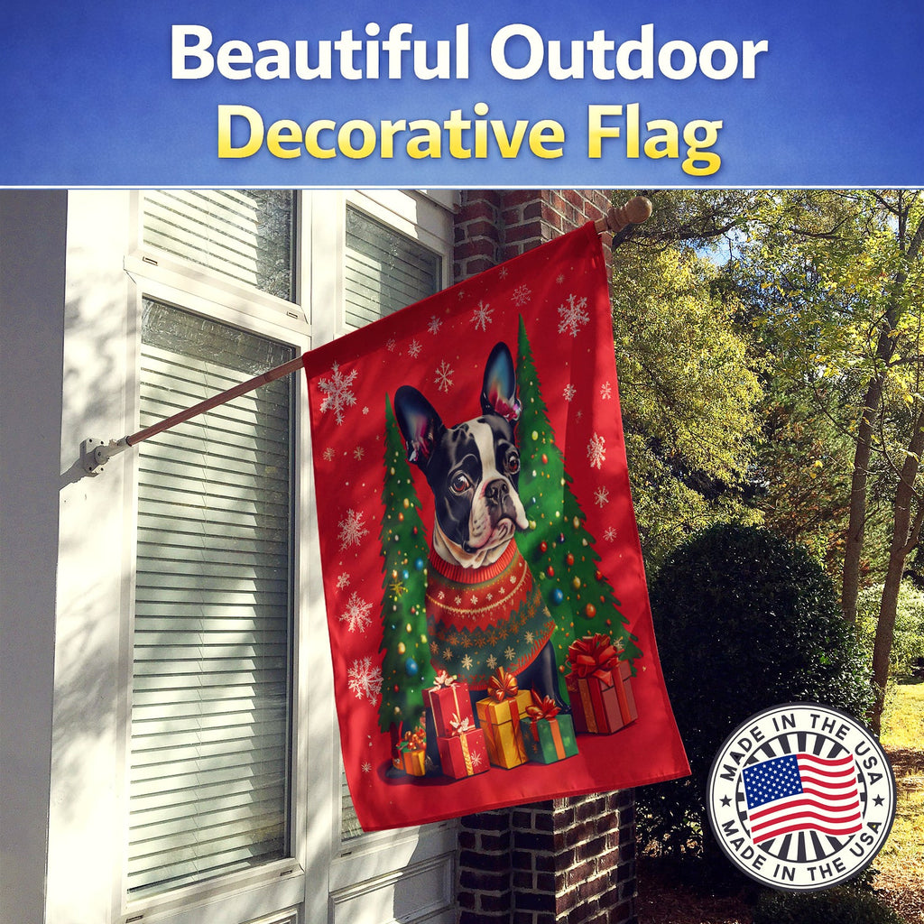 Boston Terrier Holiday Christmas House Flag 28x40 Porch Sleeve Pole Decorative Outside Yard Banner Artwork Wall Hanging, Polyester