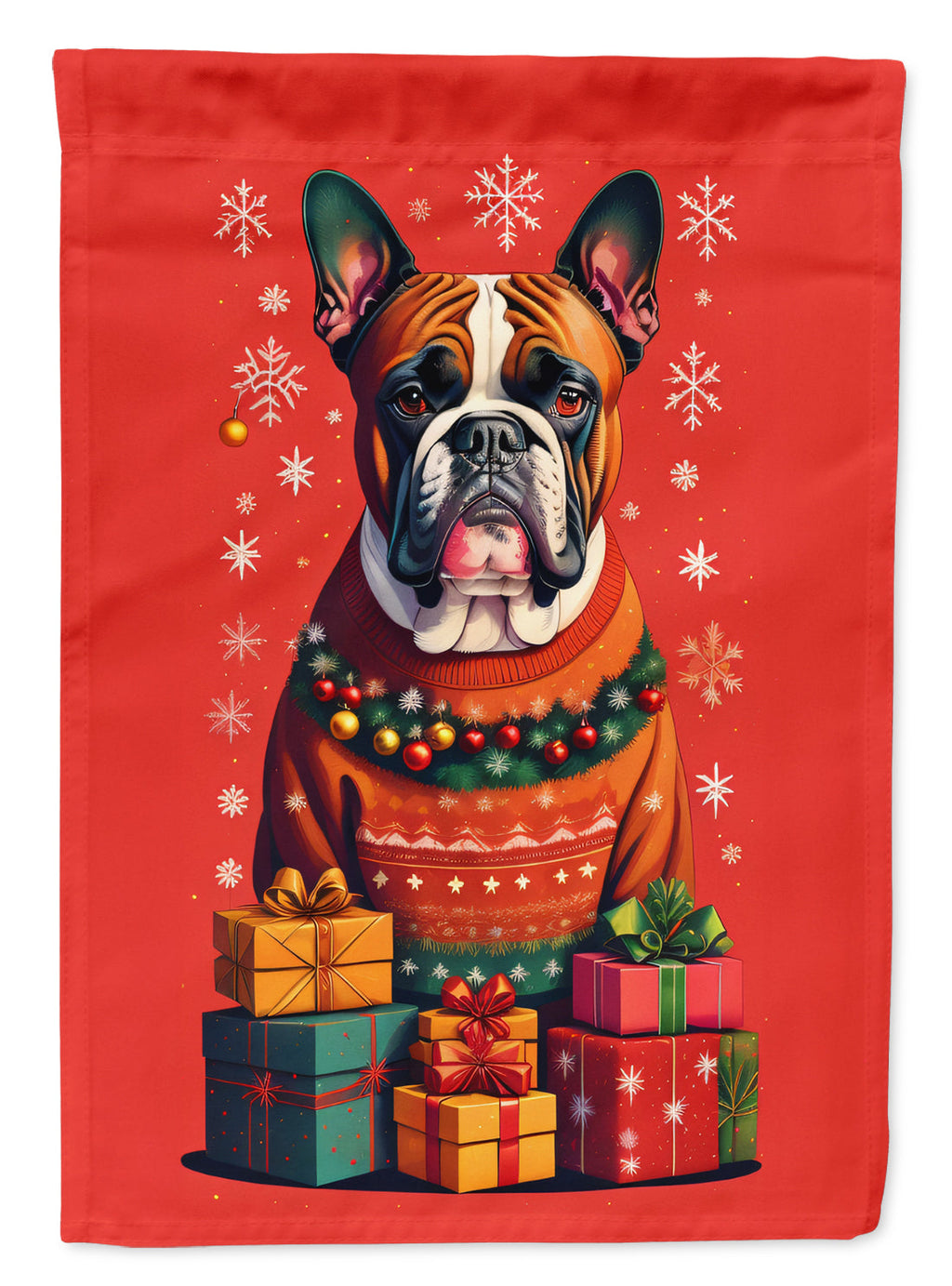 Fawn Boxer Cropped Ears Holiday Christmas House Flag 28x40 Porch Sleeve Pole Decorative Outside Yard Banner Artwork Wall Hanging, Polyester