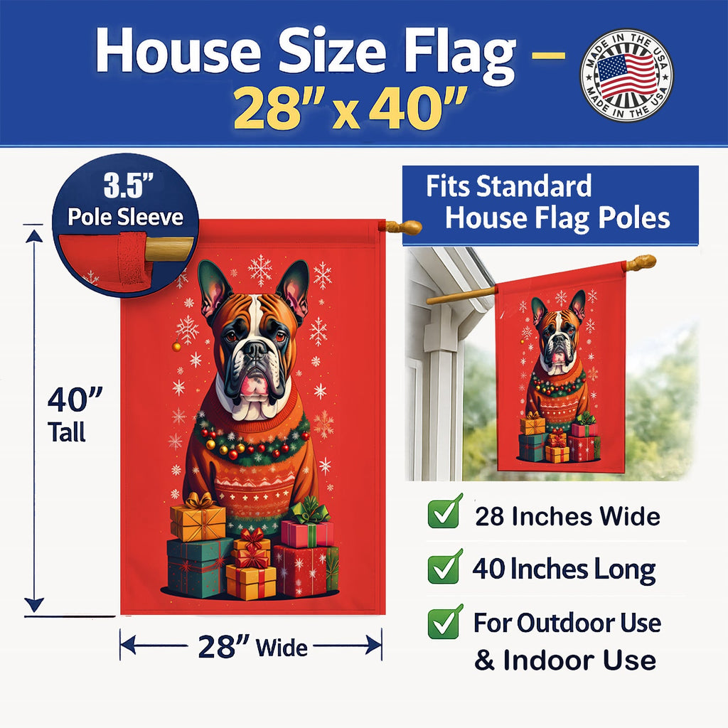 Fawn Boxer Cropped Ears Holiday Christmas House Flag 28x40 Porch Sleeve Pole Decorative Outside Yard Banner Artwork Wall Hanging, Polyester